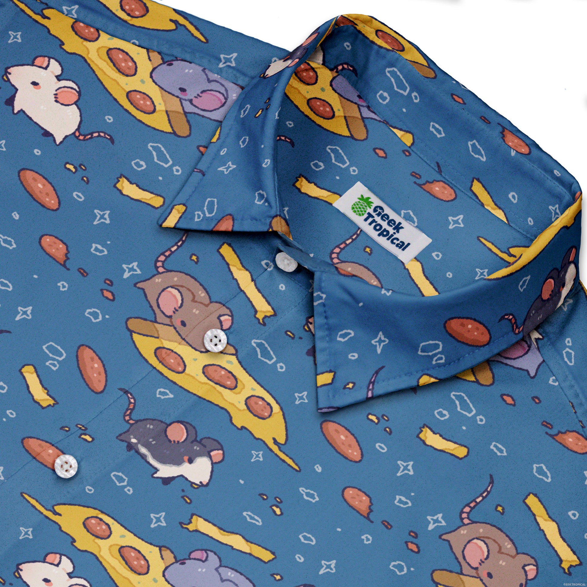 Pizza Rats Blue Button Up Shirt Neck