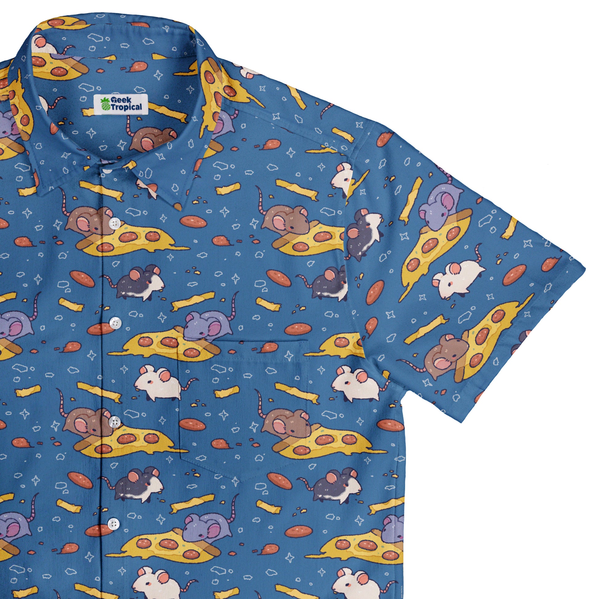 Pizza Rats Blue Button Up Shirt Top Corner