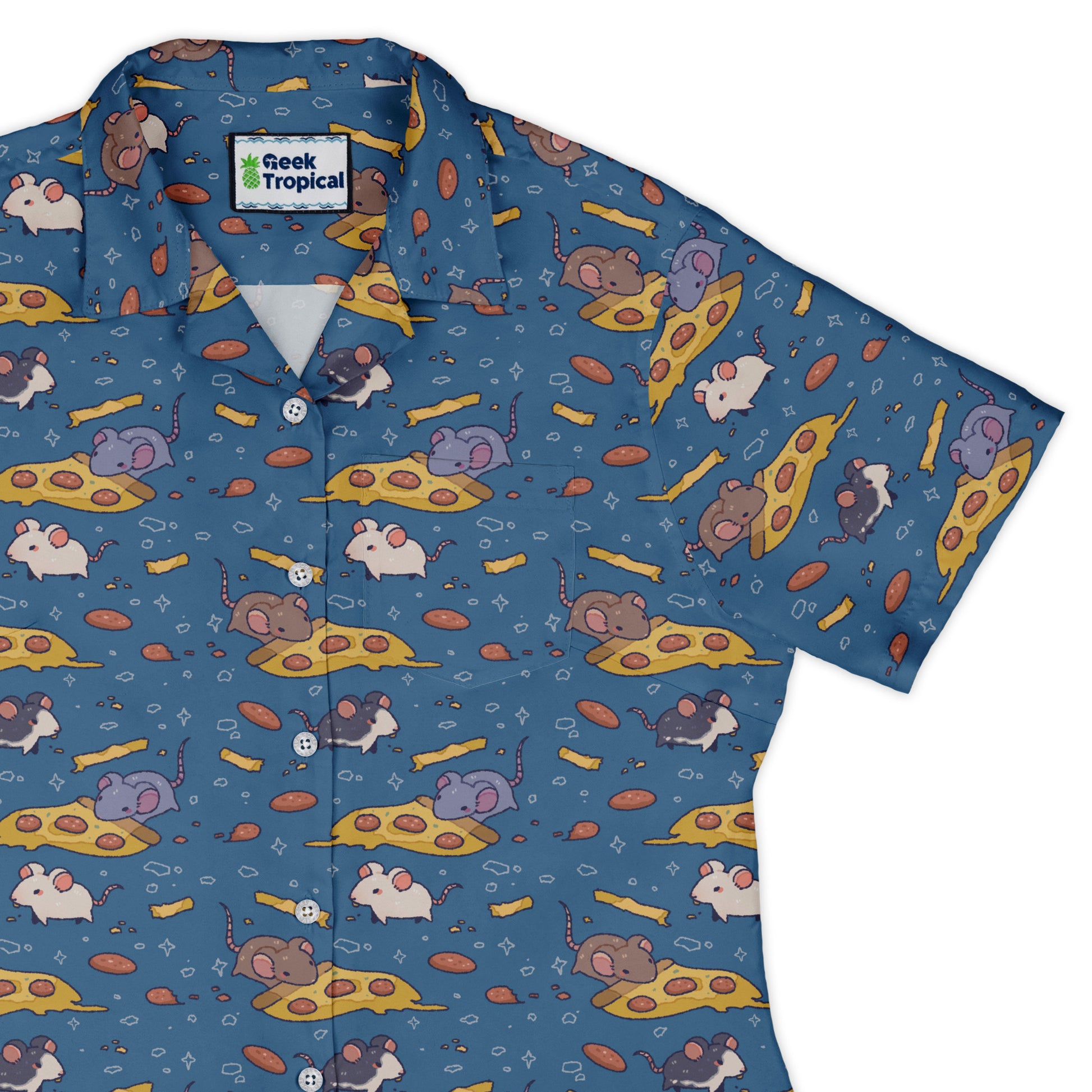 Pizza Rats Blue Curvy Button Up Shirt womens top right
