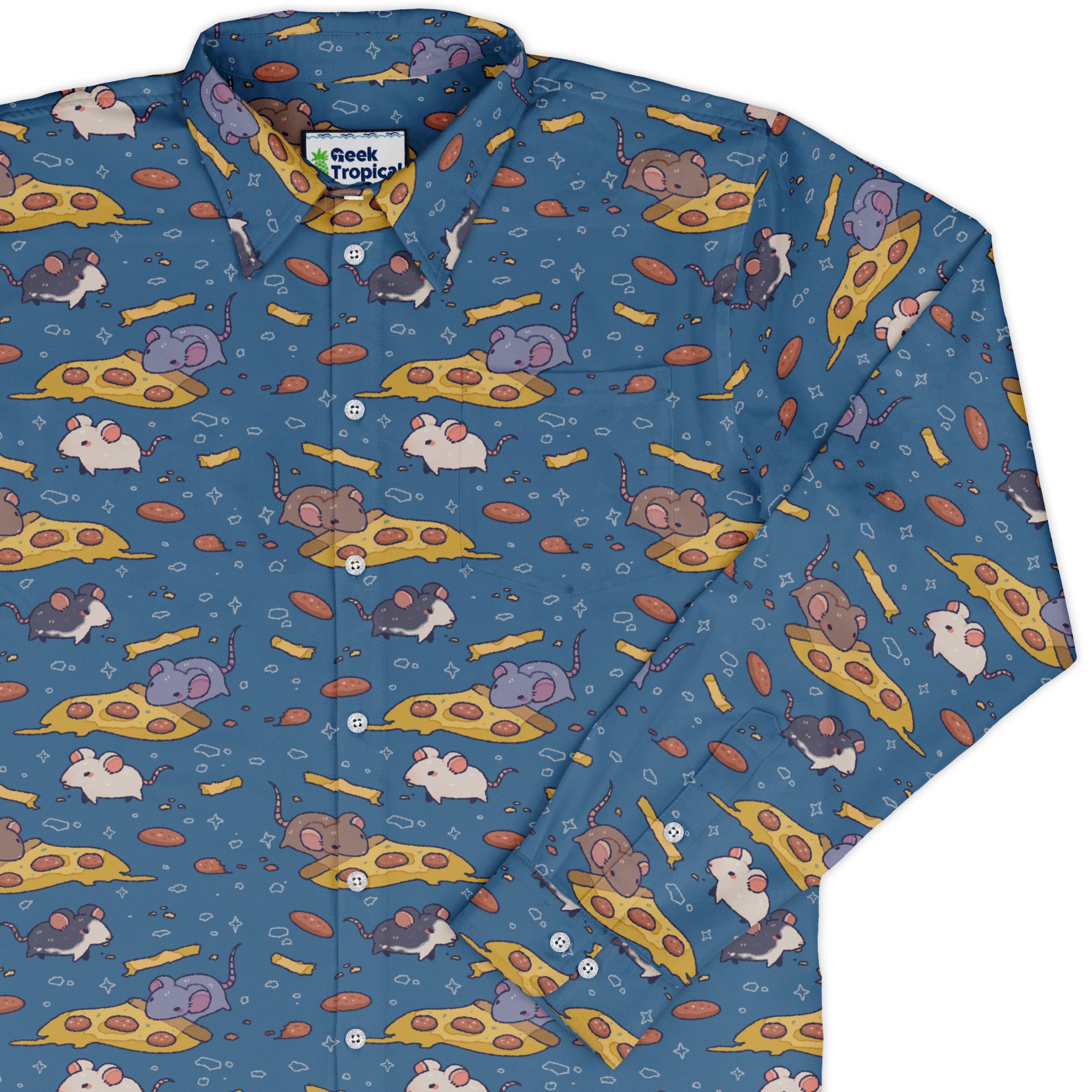 Pizza Rats Blue Long Sleeve Button Up Shirt cover