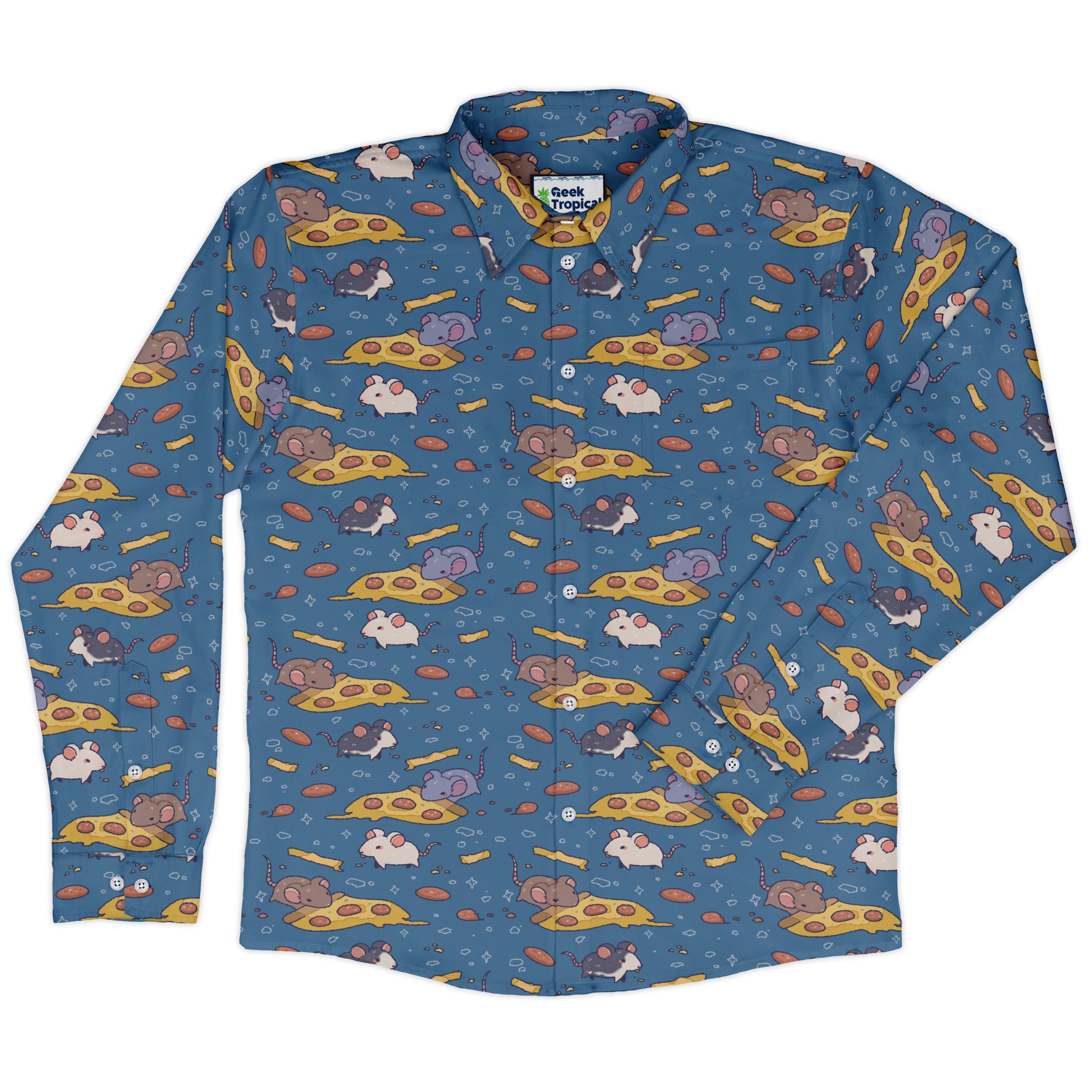 Pizza Rats Blue Long Sleeve Button Up Shirt front