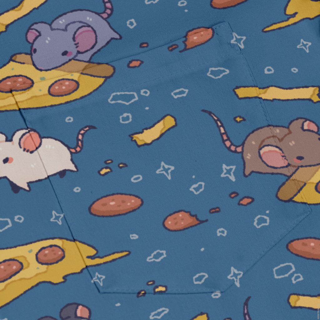 Pizza Rats Blue Long Sleeve Button Up Shirt pocket