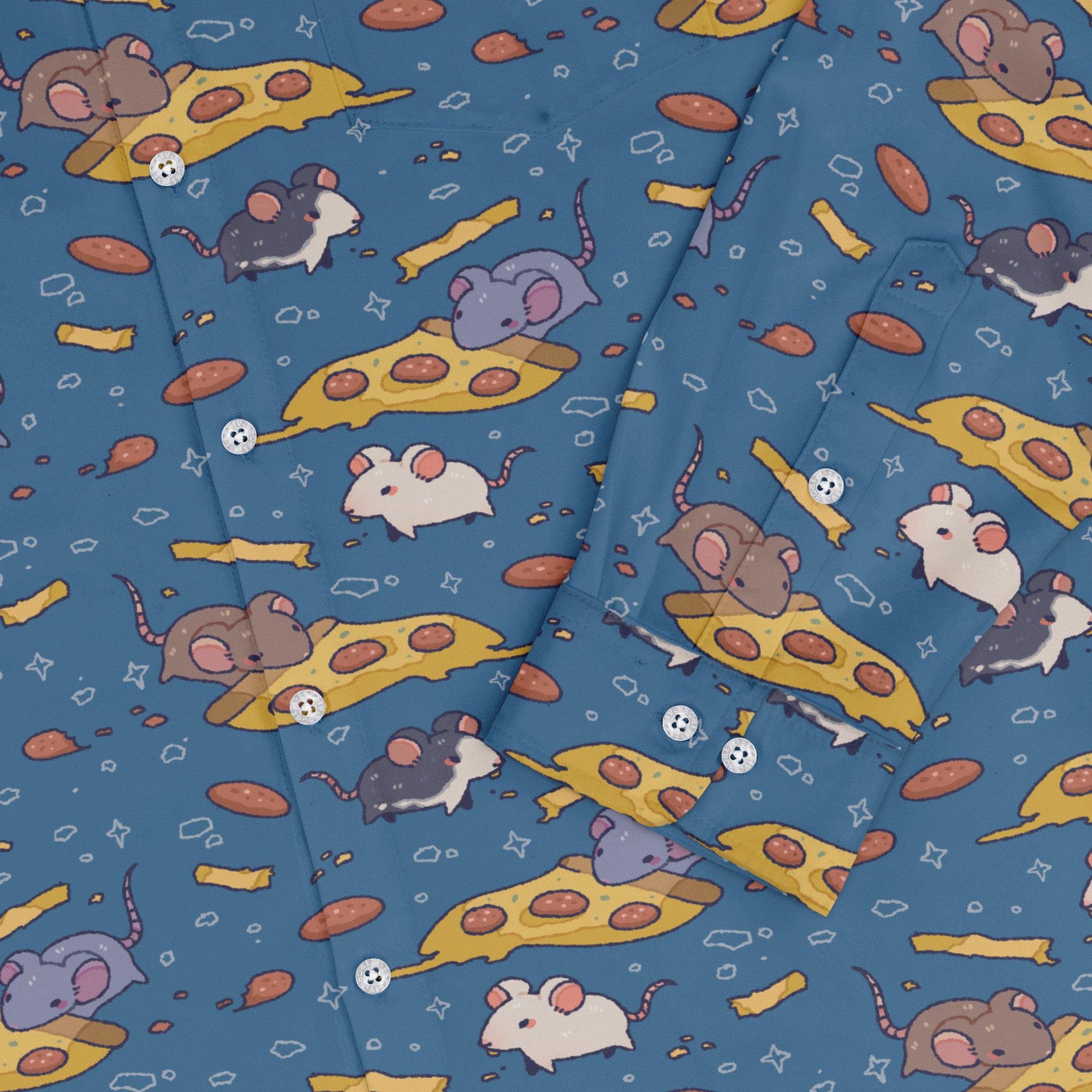 Pizza Rats Blue Long Sleeve Button Up Shirt sleeve close