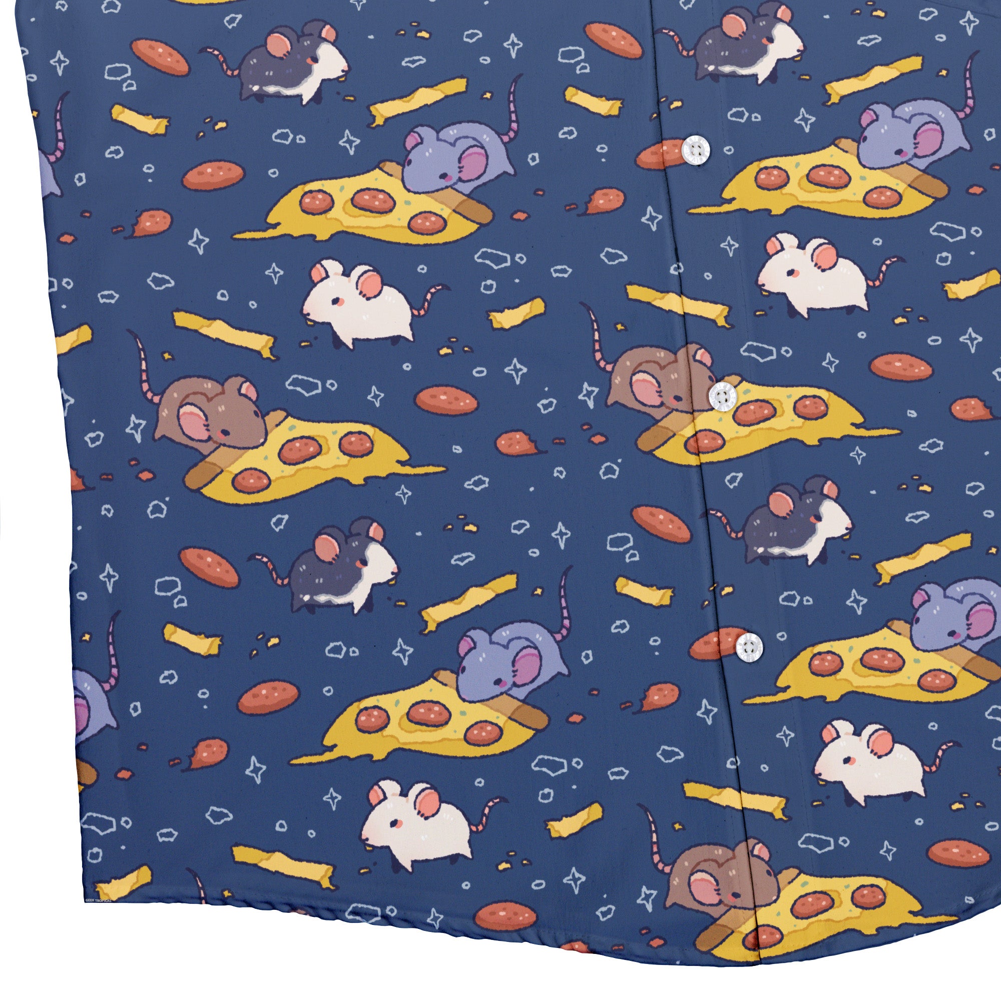 Pizza Rats Dark Blue Button Up Shirt Bottom Corner