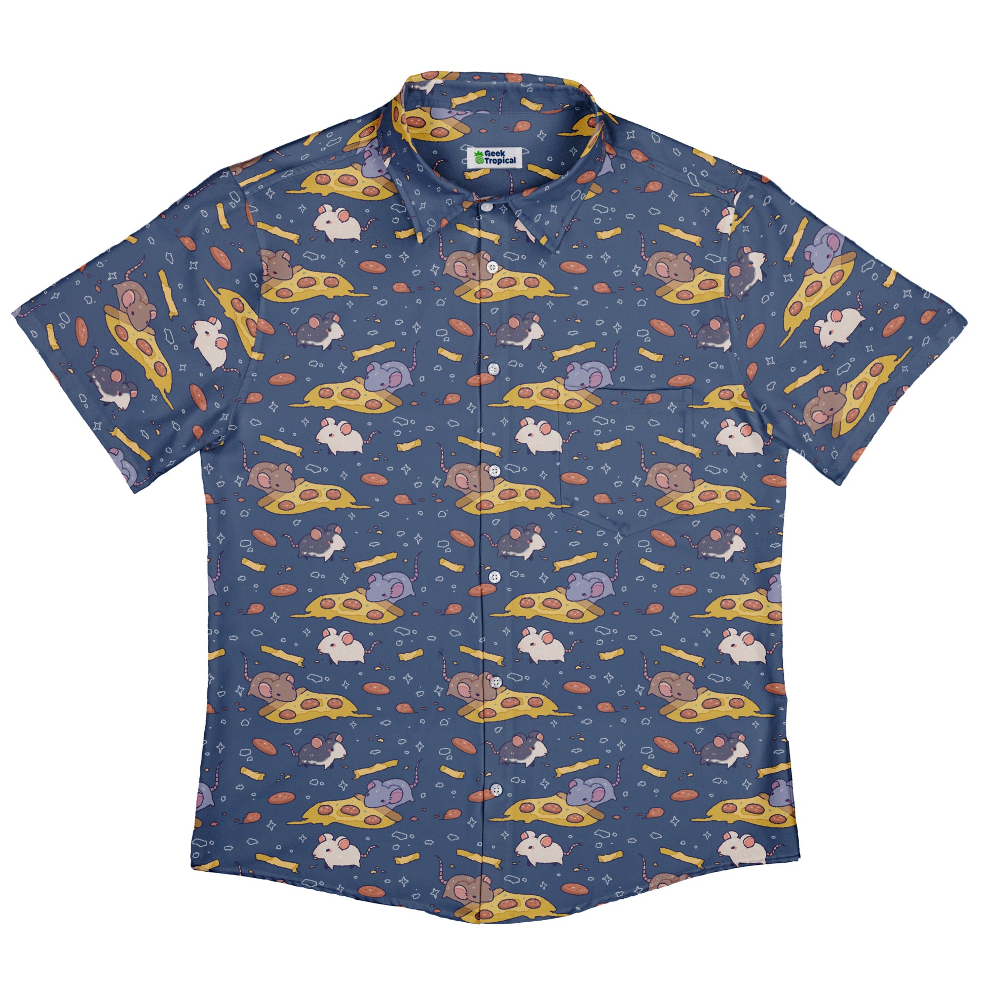 Pizza Rats Dark Blue Button Up Shirt Flat Front