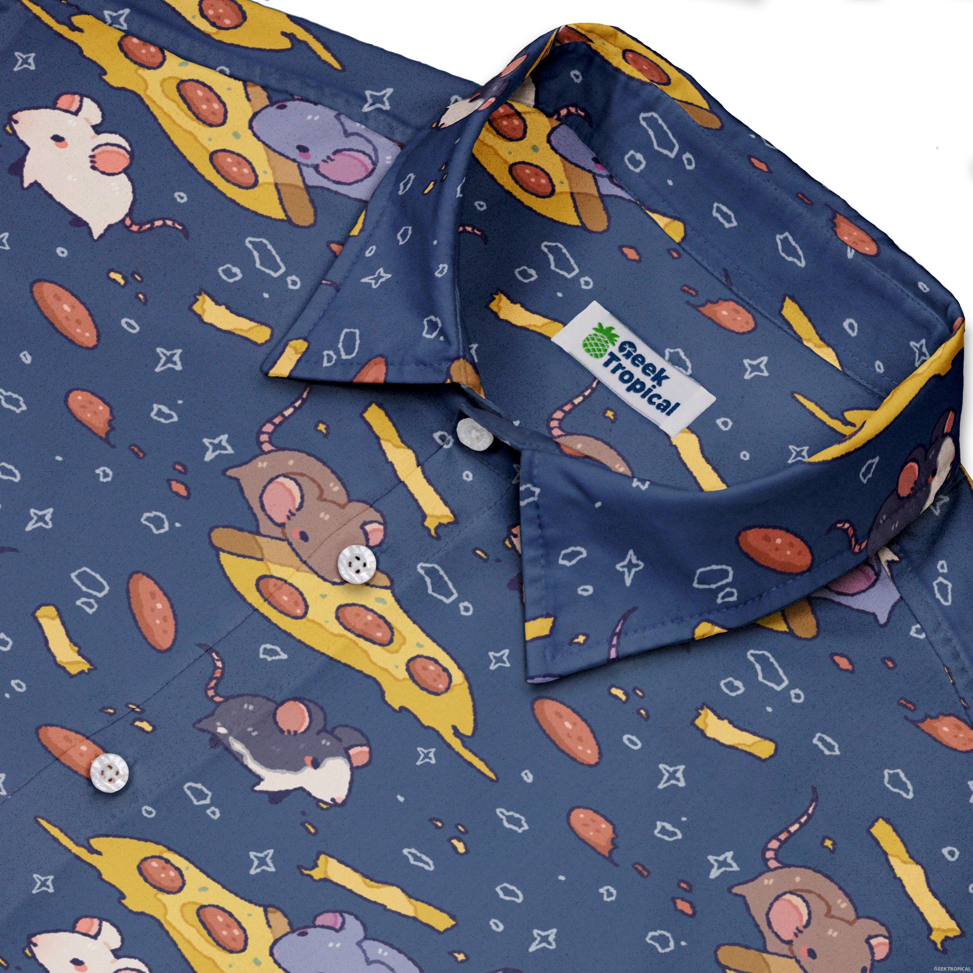 Pizza Rats Dark Blue Button Up Shirt Neck