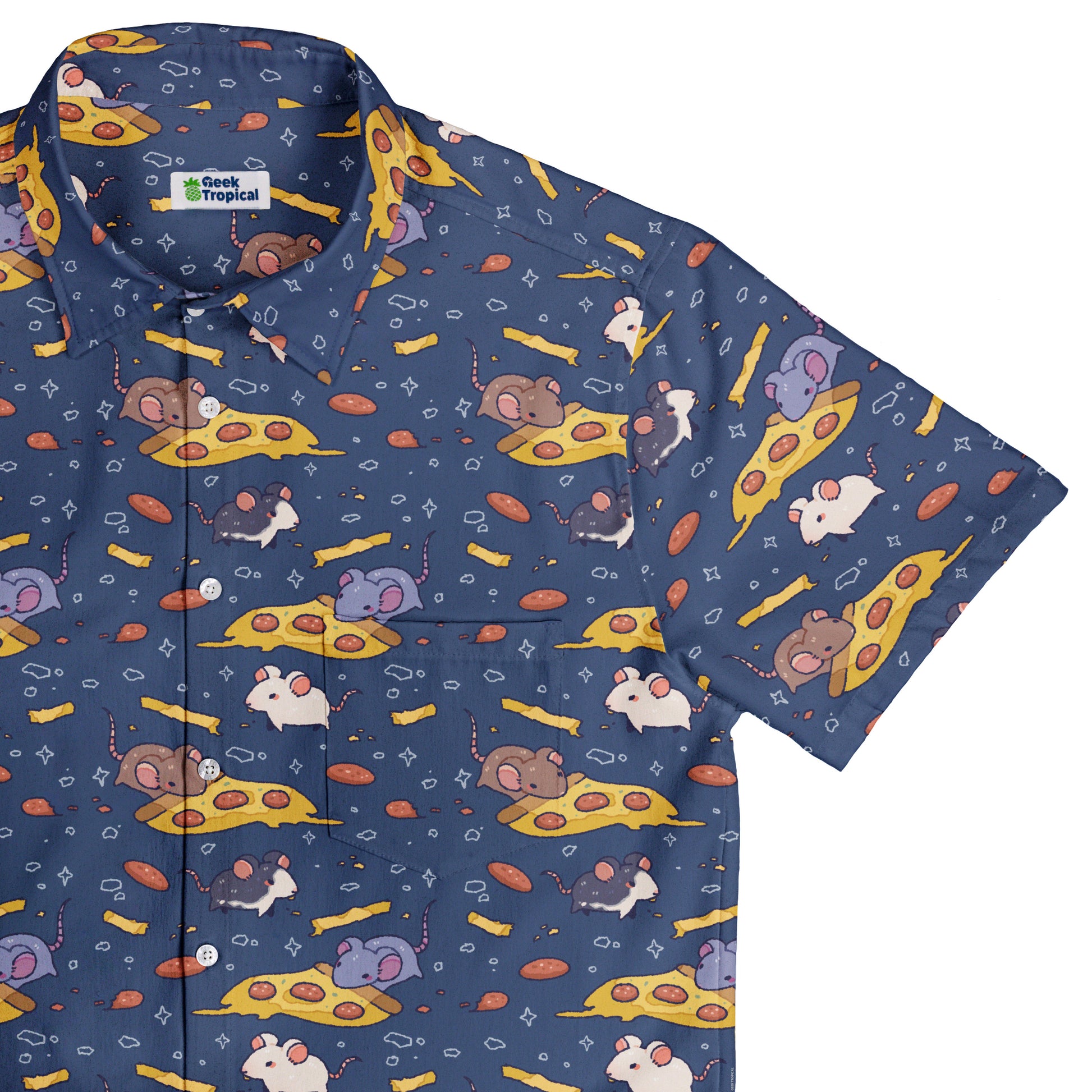 Pizza Rats Dark Blue Button Up Shirt Top Corner