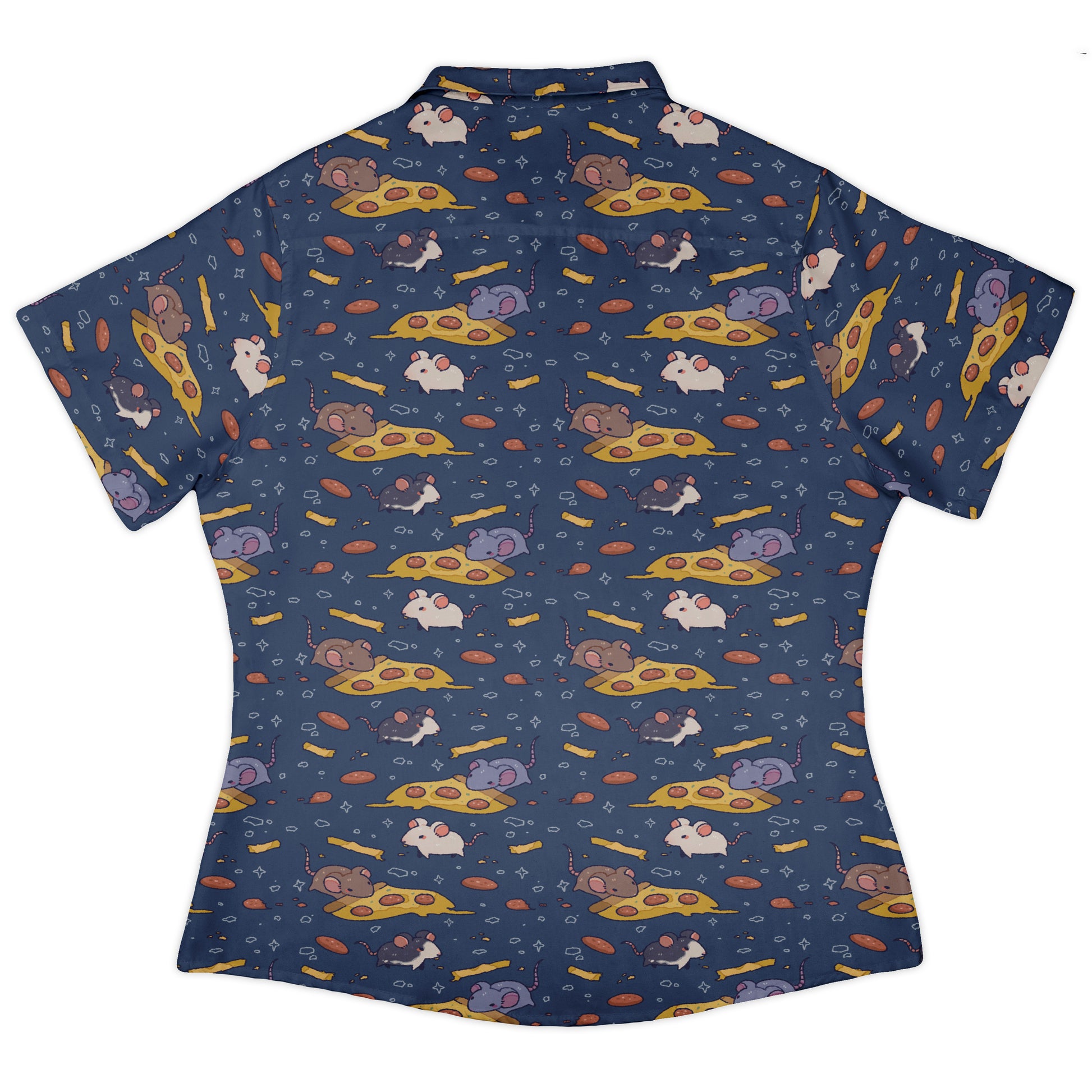 Pizza Rats Dark Blue Curvy Button Up Shirt womens back