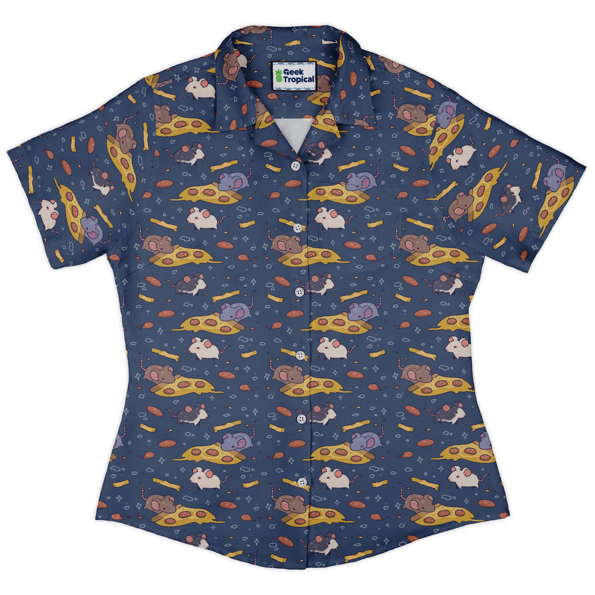 Pizza Rats Dark Blue Curvy Button Up Shirt womens front