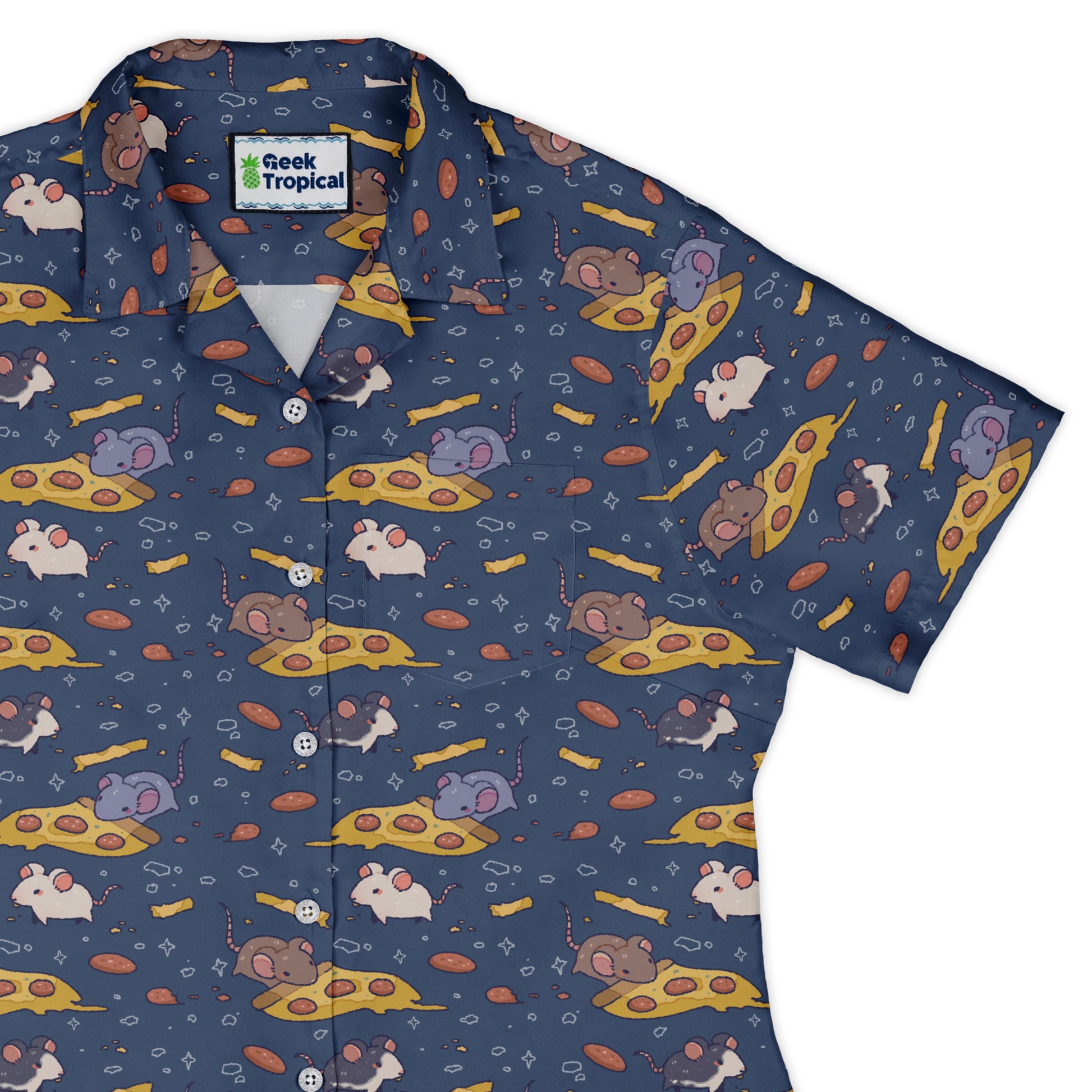 Pizza Rats Dark Blue Curvy Button Up Shirt womens top right