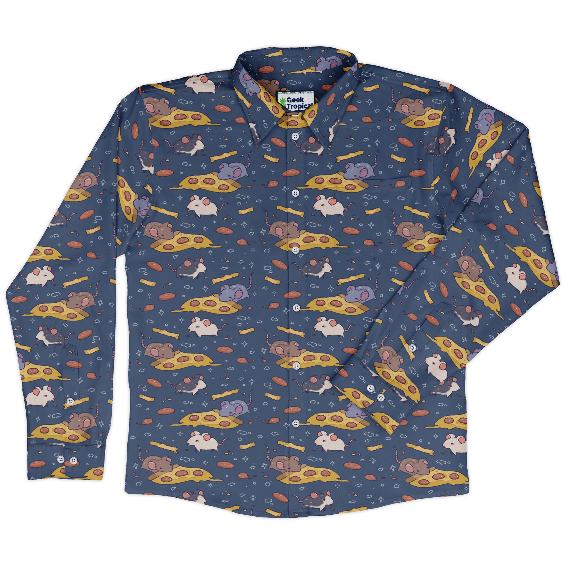 Pizza Rats Dark Blue Long Sleeve Button Up Shirt front