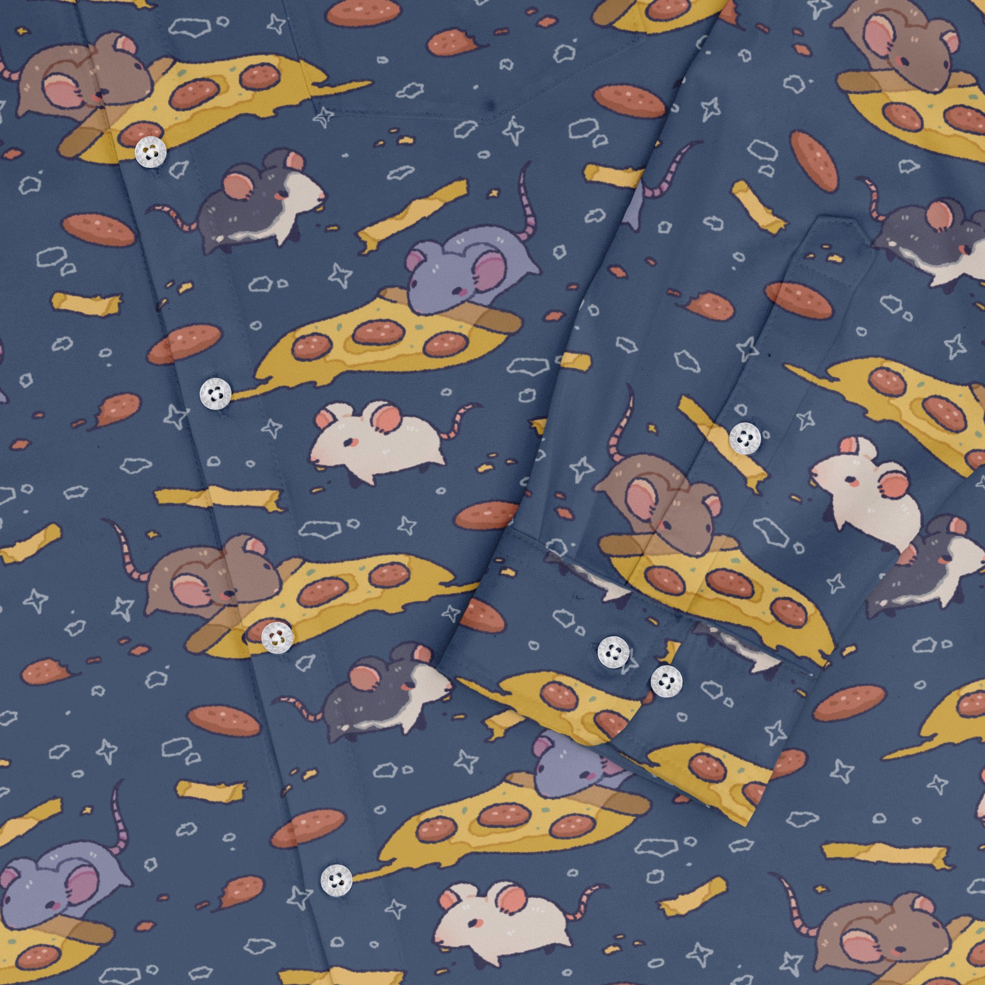 Pizza Rats Dark Blue Long Sleeve Button Up Shirt sleeve close