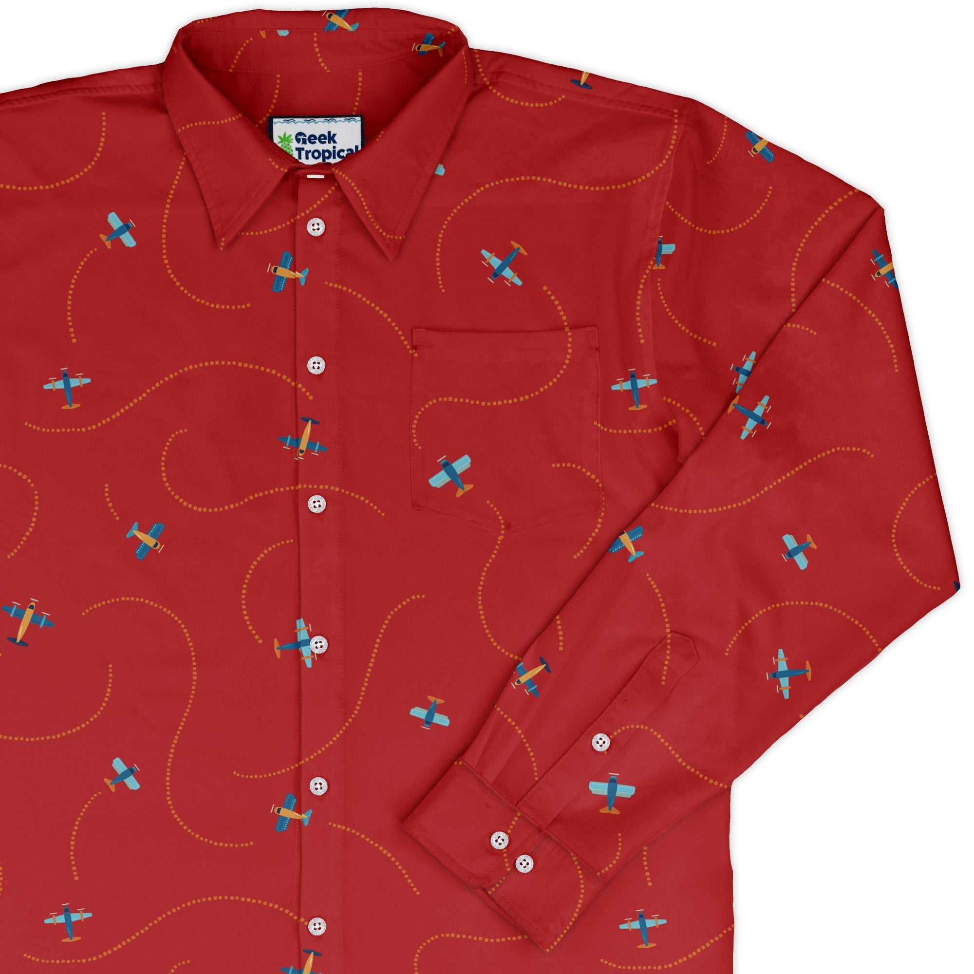 Plane Contrails Long Sleeve Button Up Shirt Geek Nerd adult sizing aviation print Design by Zirkus Design