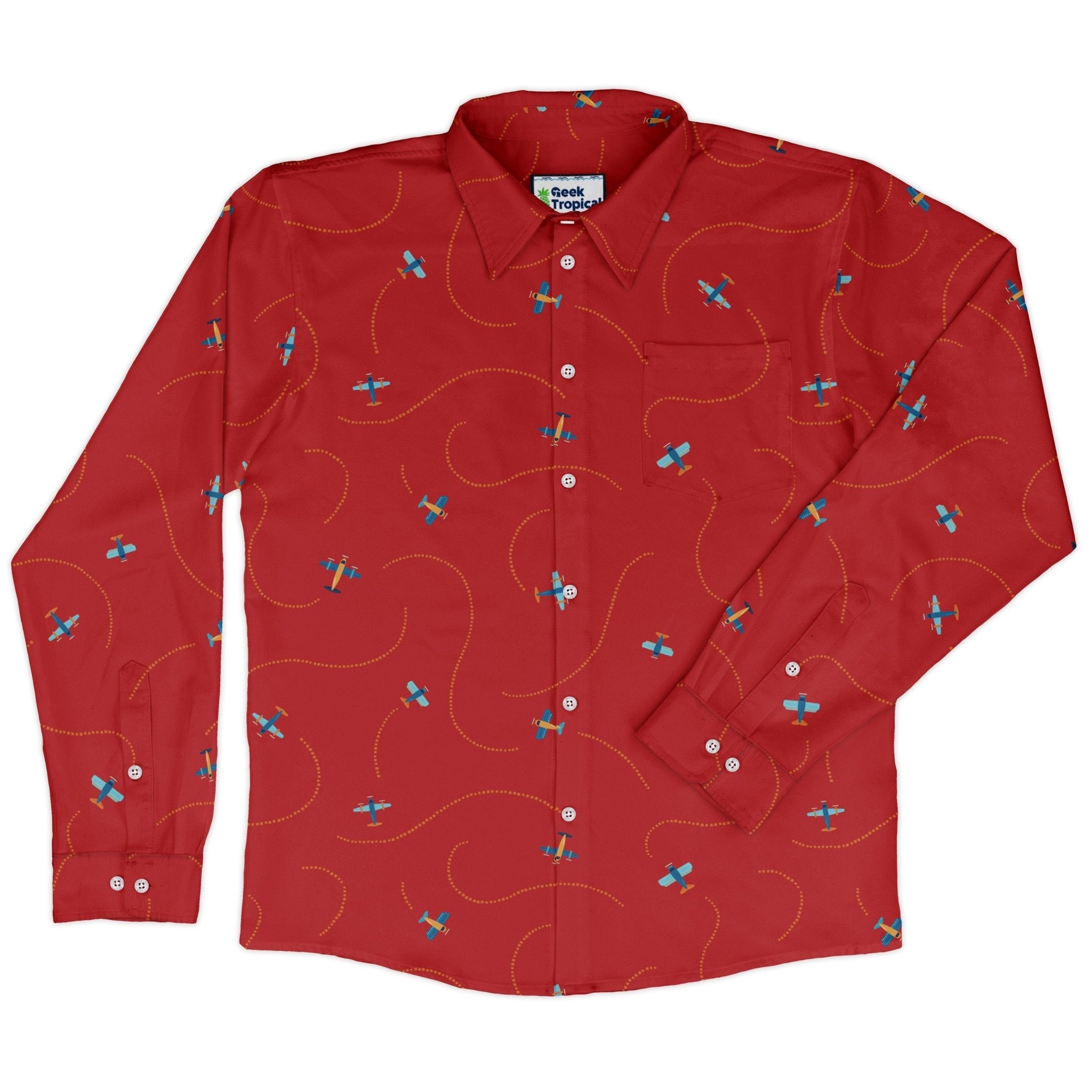 Plane Contrails Long Sleeve Button Up Shirt Geek Nerd adult sizing aviation print Design by Zirkus Design