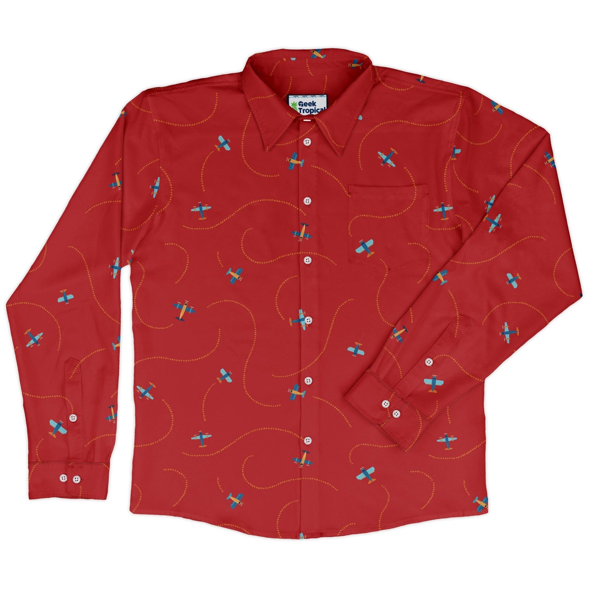 Plane Contrails Long Sleeve Button Up Shirt Geek Nerd adult sizing aviation print Design by Zirkus Design