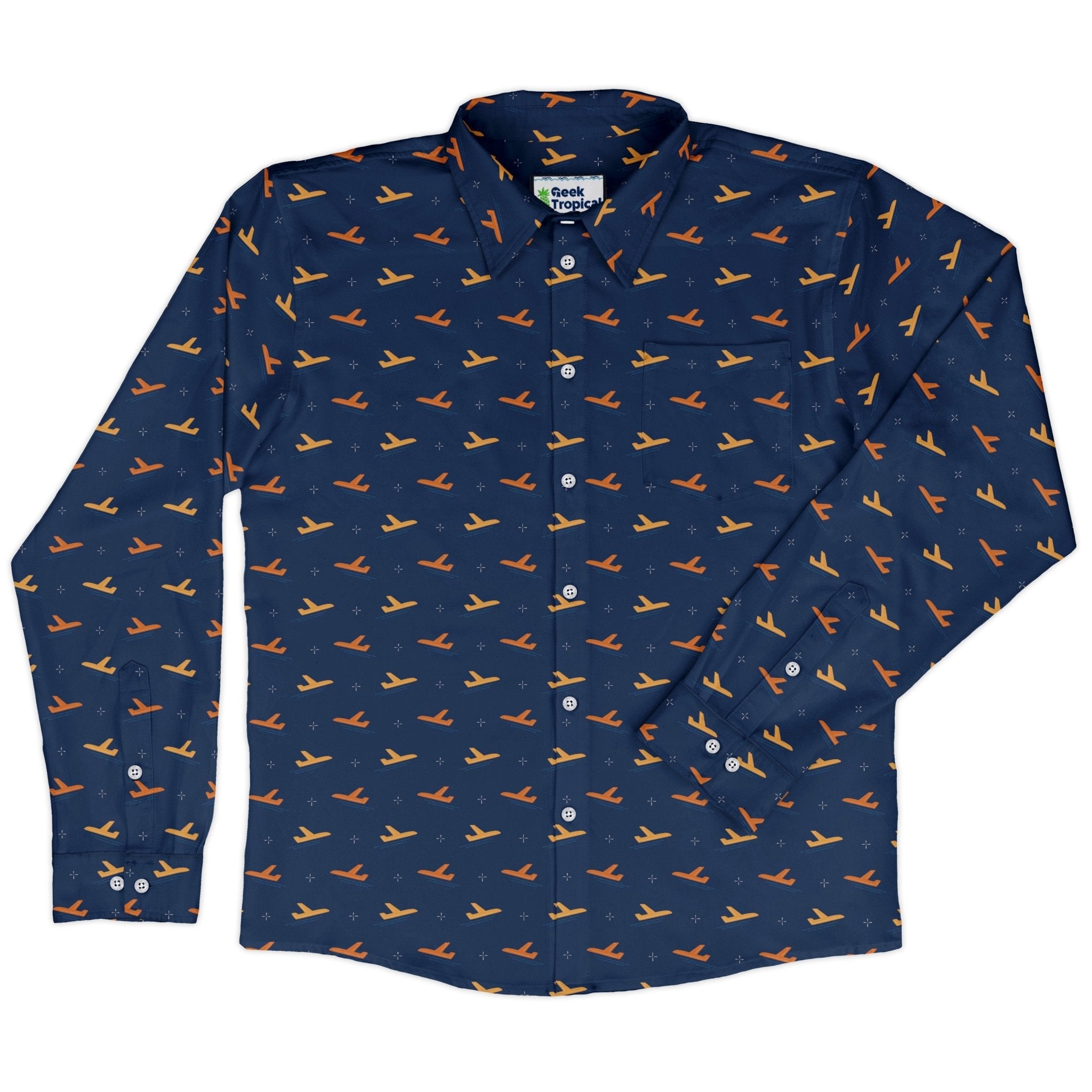 Plane Silhouette Long Sleeve Button Up Shirt Geek Nerd adult sizing aviation print Design by Zirkus Design