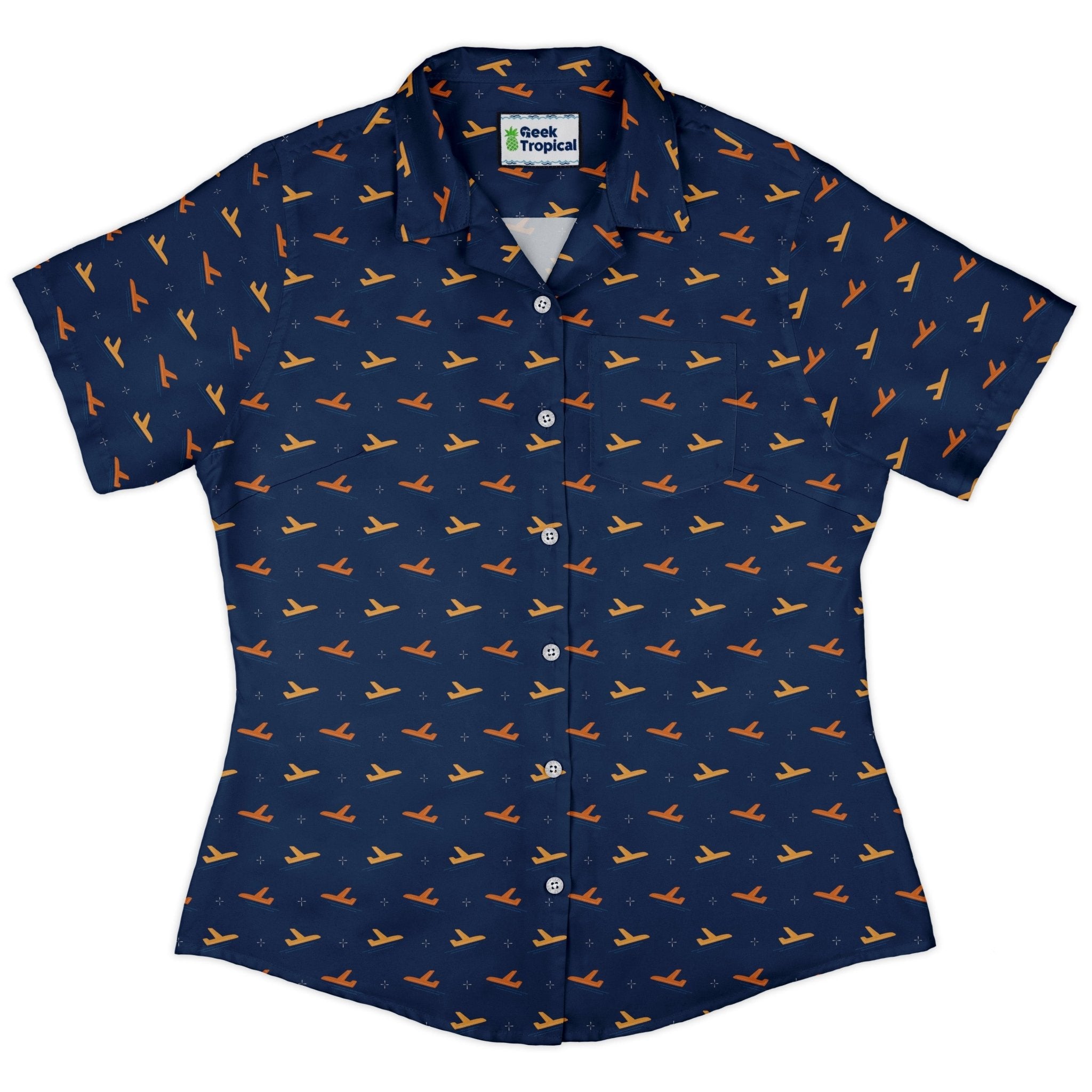 Plane Silhouette Curvy Button Up Shirt Geek Nerd aviation print Design by Zirkus Design q225