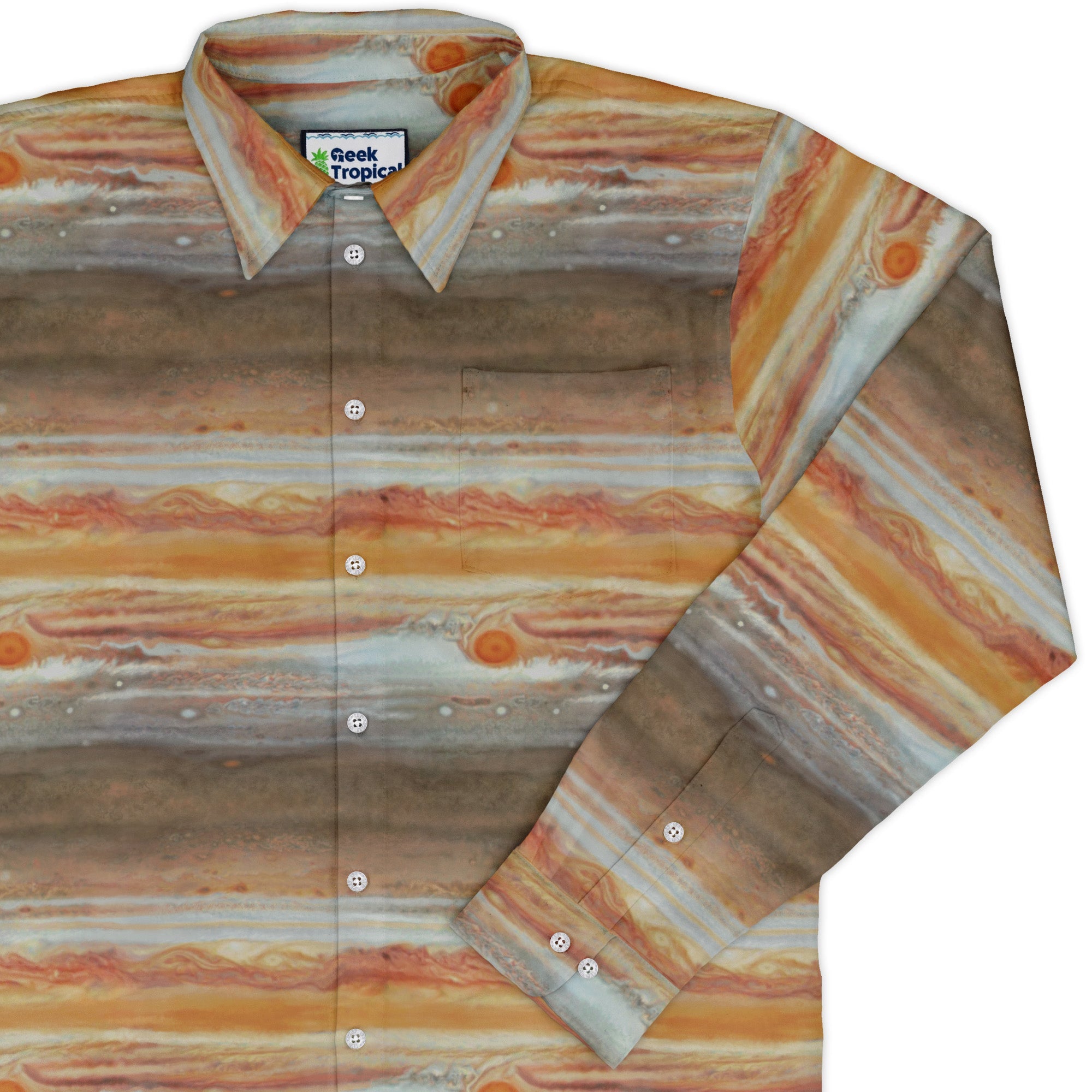 Planet Jupiter Space Long Sleeve Button Up Shirt Geek Nerd adult sizing Designs by Nathan FLOW DESC WRITING