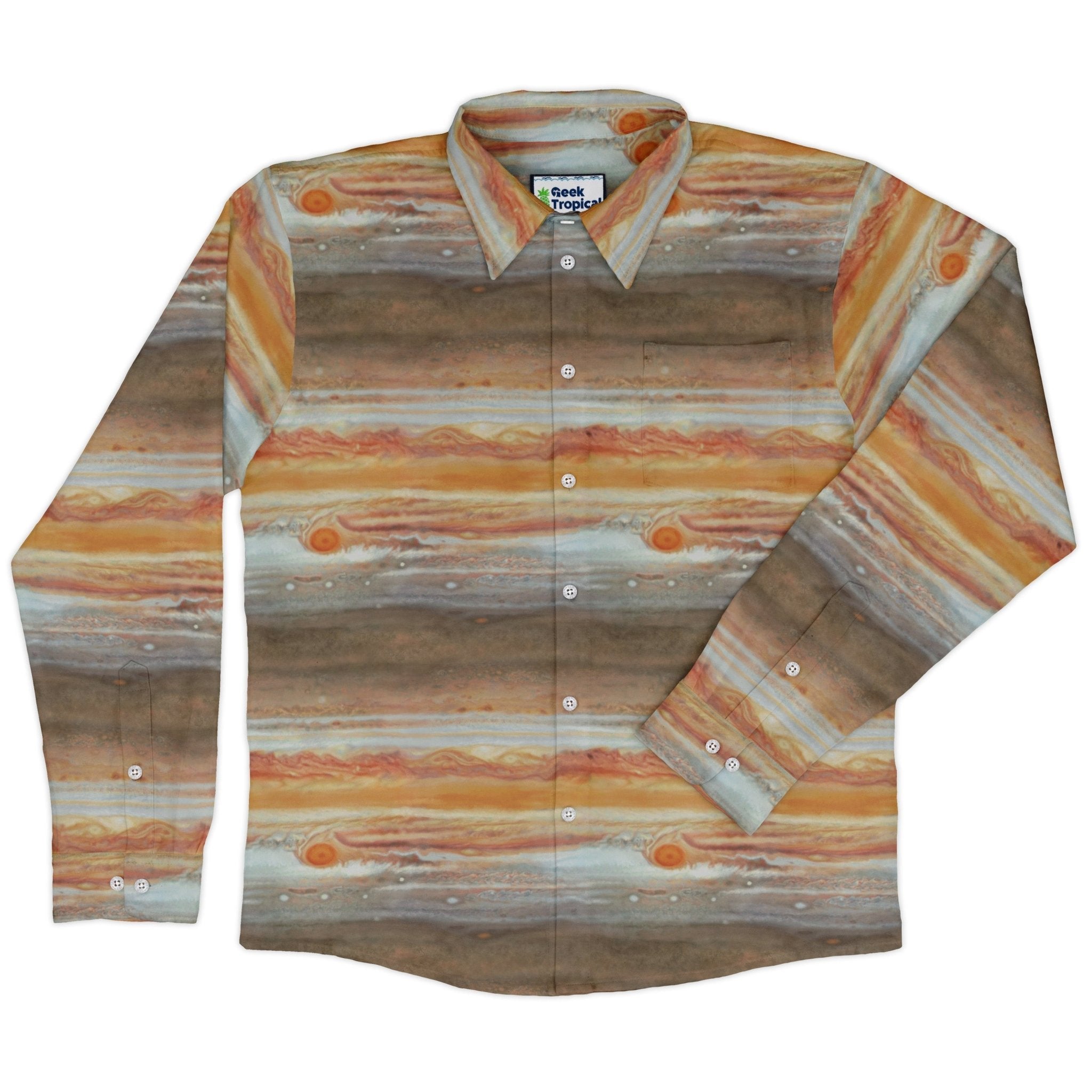 Planet Jupiter Space Long Sleeve Button Up Shirt Geek Nerd adult sizing Designs by Nathan FLOW DESC WRITING
