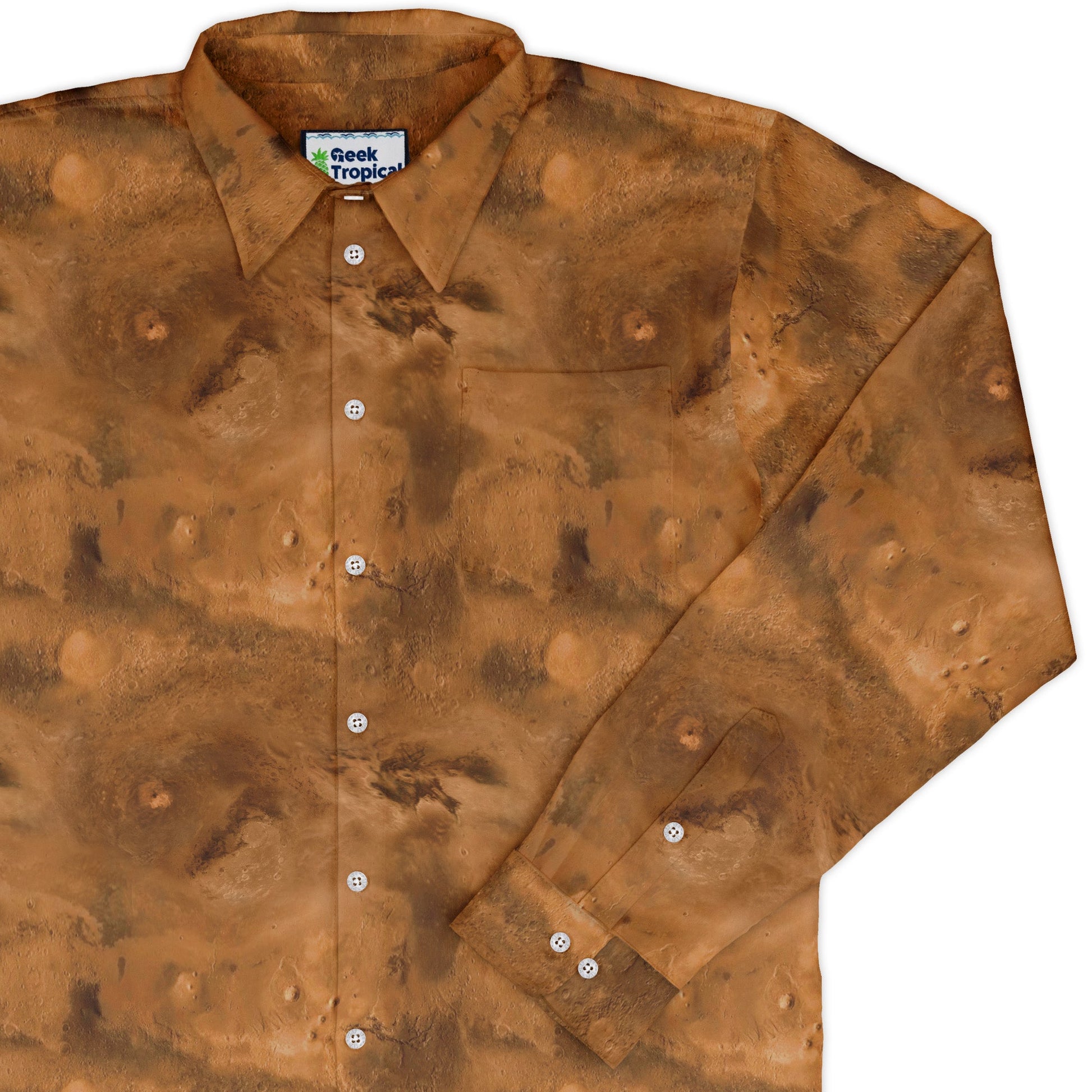 Planet Mars Space Long Sleeve Button Up Shirt Geek Nerd adult sizing Designs by Nathan FLOW DESC WRITING