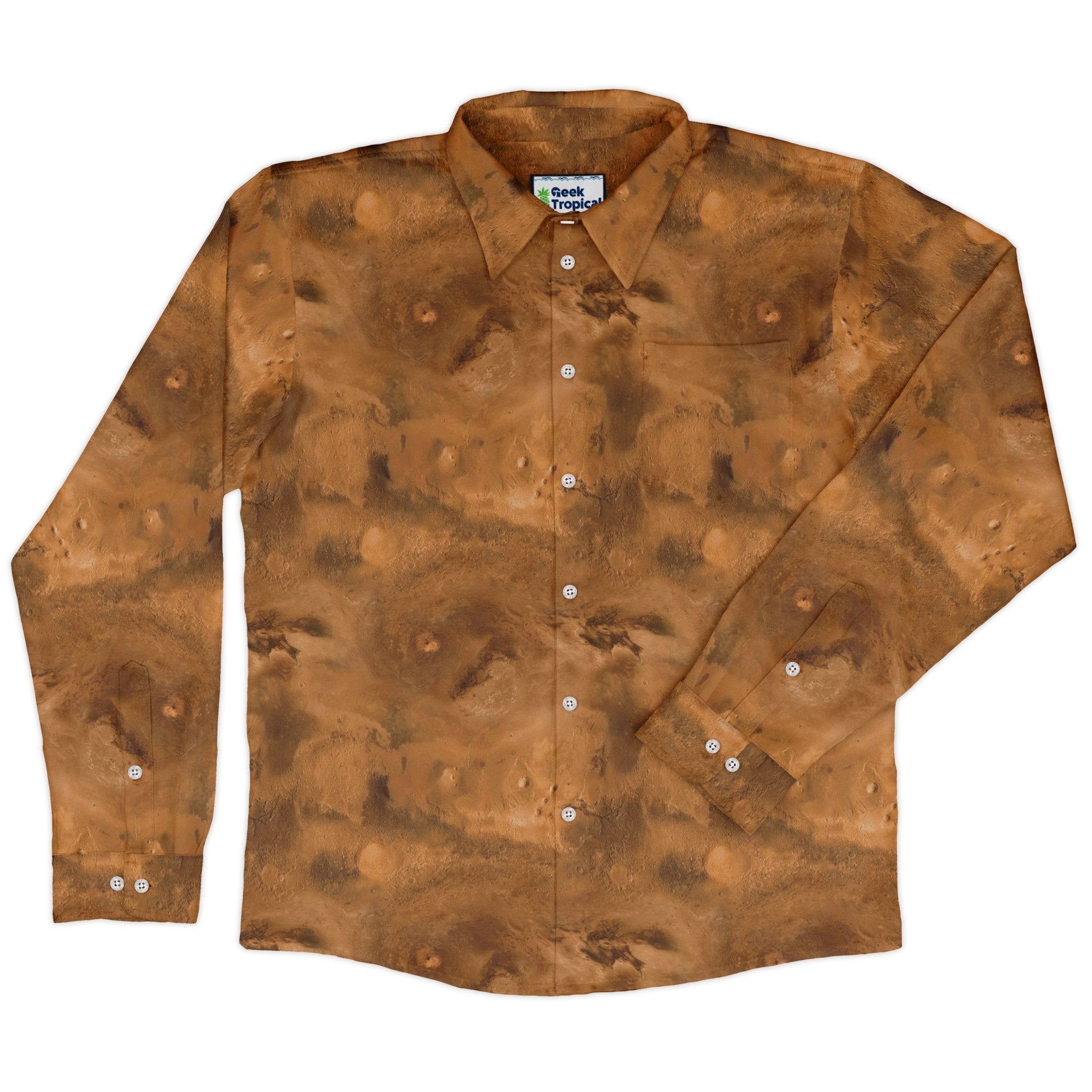 Planet Mars Space Long Sleeve Button Up Shirt Geek Nerd adult sizing Designs by Nathan FLOW DESC WRITING