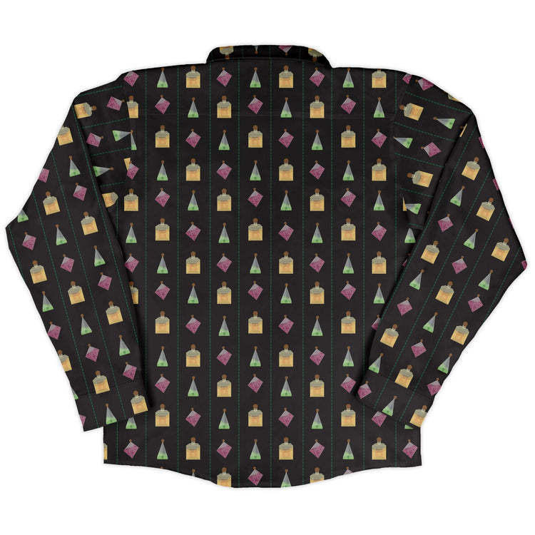 Poison Dice Elixirs Dnd Long Sleeve Button Up Shirt Geek Nerd adult sizing Design by Heather Davenport dnd & rpg print