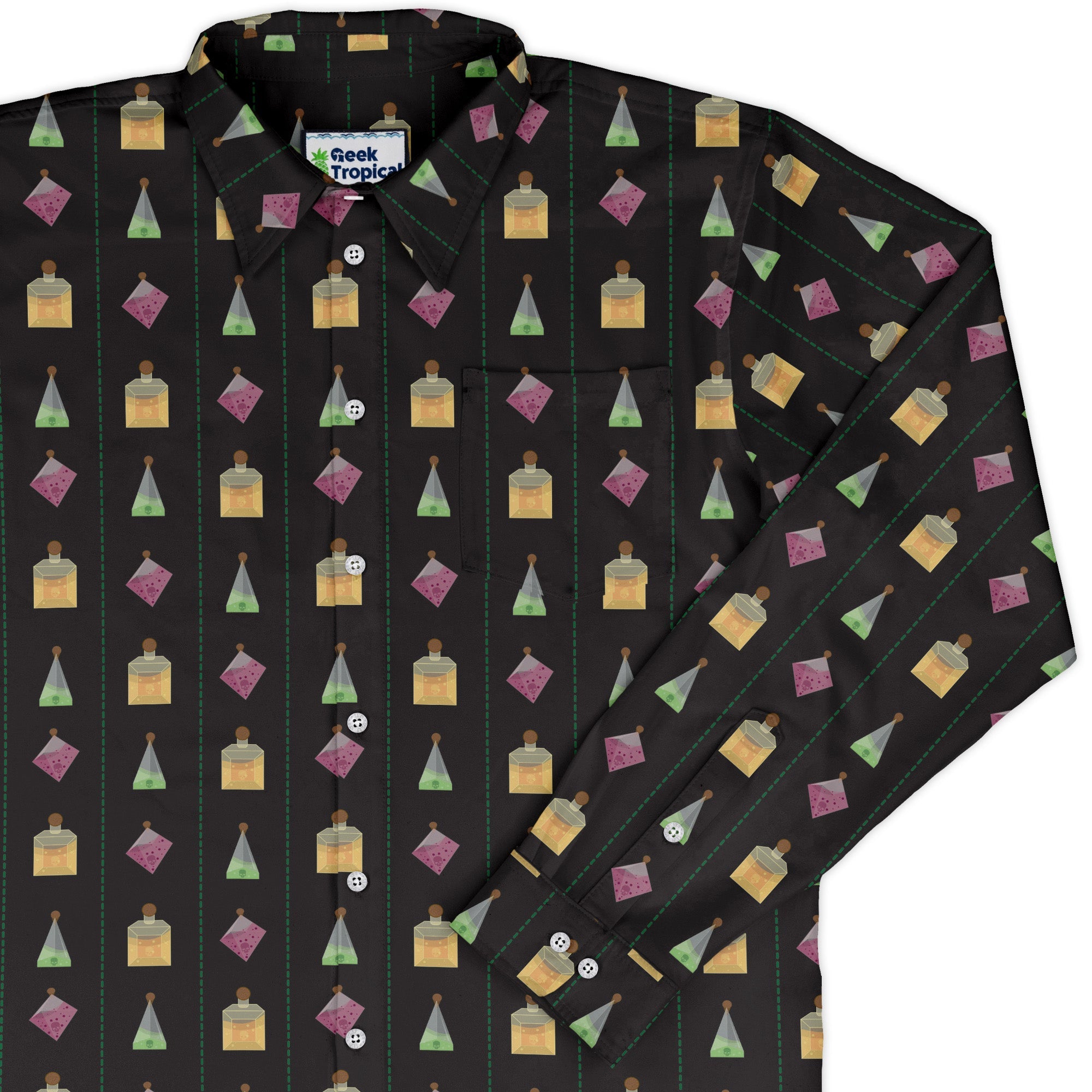 Poison Dice Elixirs Dnd Long Sleeve Button Up Shirt Geek Nerd adult sizing Design by Heather Davenport dnd & rpg print