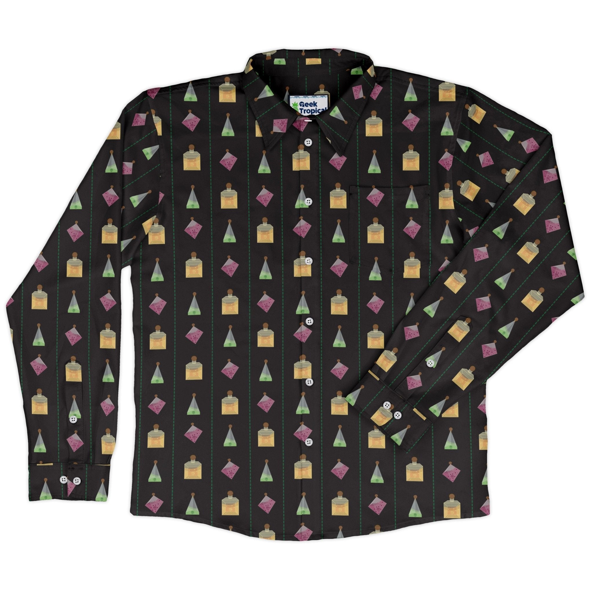 Poison Dice Elixirs Dnd Long Sleeve Button Up Shirt Geek Nerd adult sizing Design by Heather Davenport dnd & rpg print