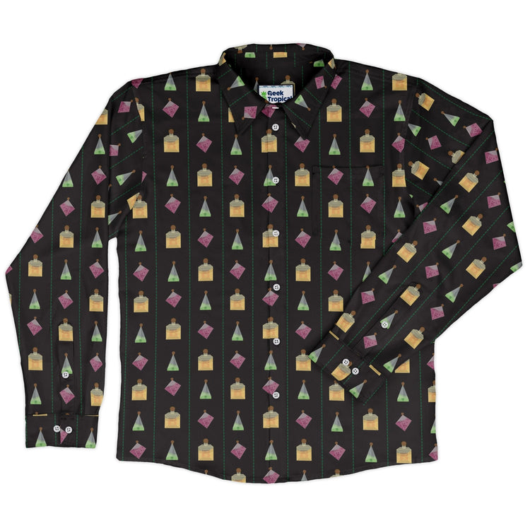 Poison Dice Elixirs Dnd Long Sleeve Button Up Shirt Geek Nerd adult sizing Design by Heather Davenport dnd & rpg print