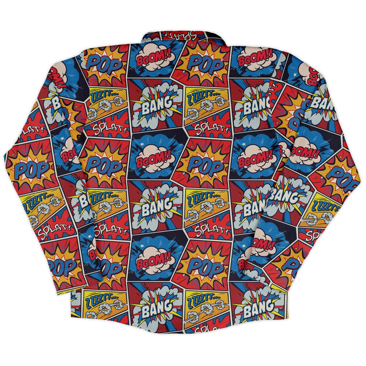 Pop Art Comic Book Red Long Sleeve Button Up Shirt Geek Nerd adult sizing FLOW DESC WRITING