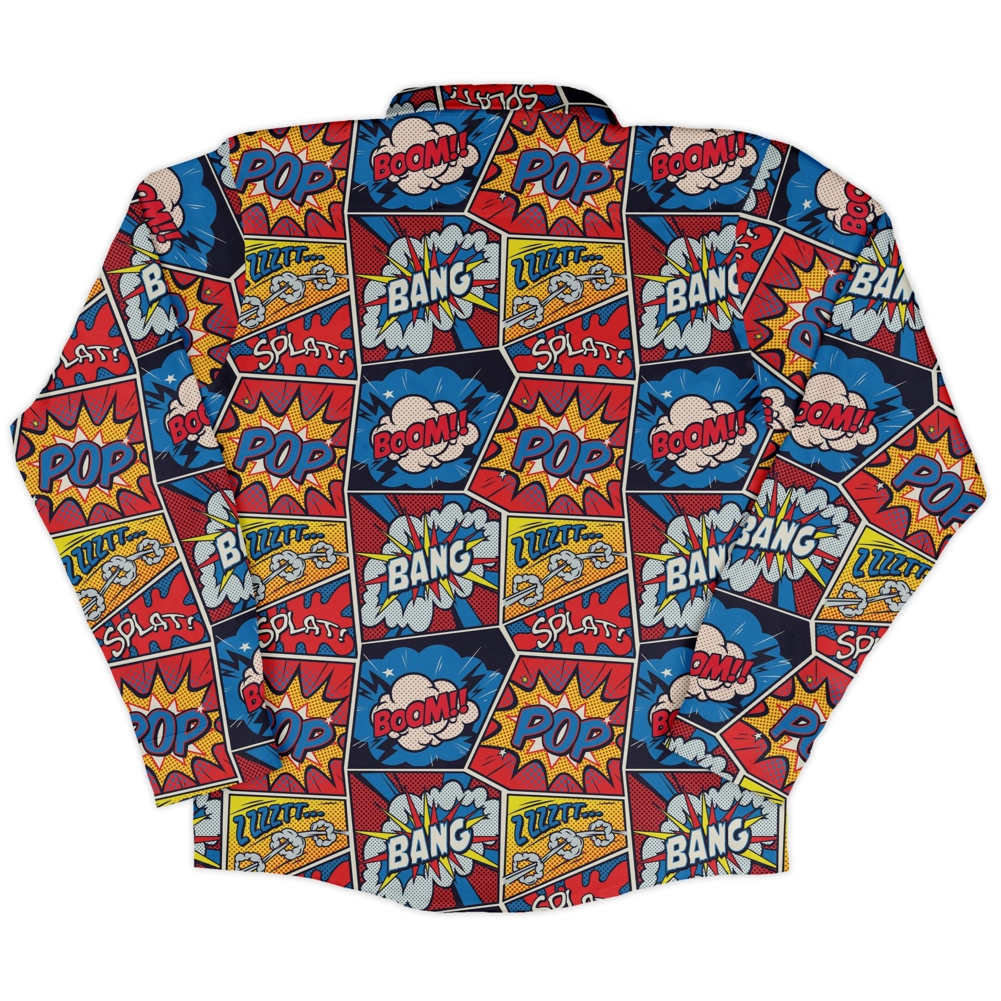 Pop Art Comic Book Red Long Sleeve Button Up Shirt Geek Nerd adult sizing FLOW DESC WRITING