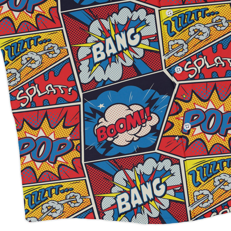 Pop Art Comic Book Red Long Sleeve Button Up Shirt Geek Nerd adult sizing FLOW DESC WRITING