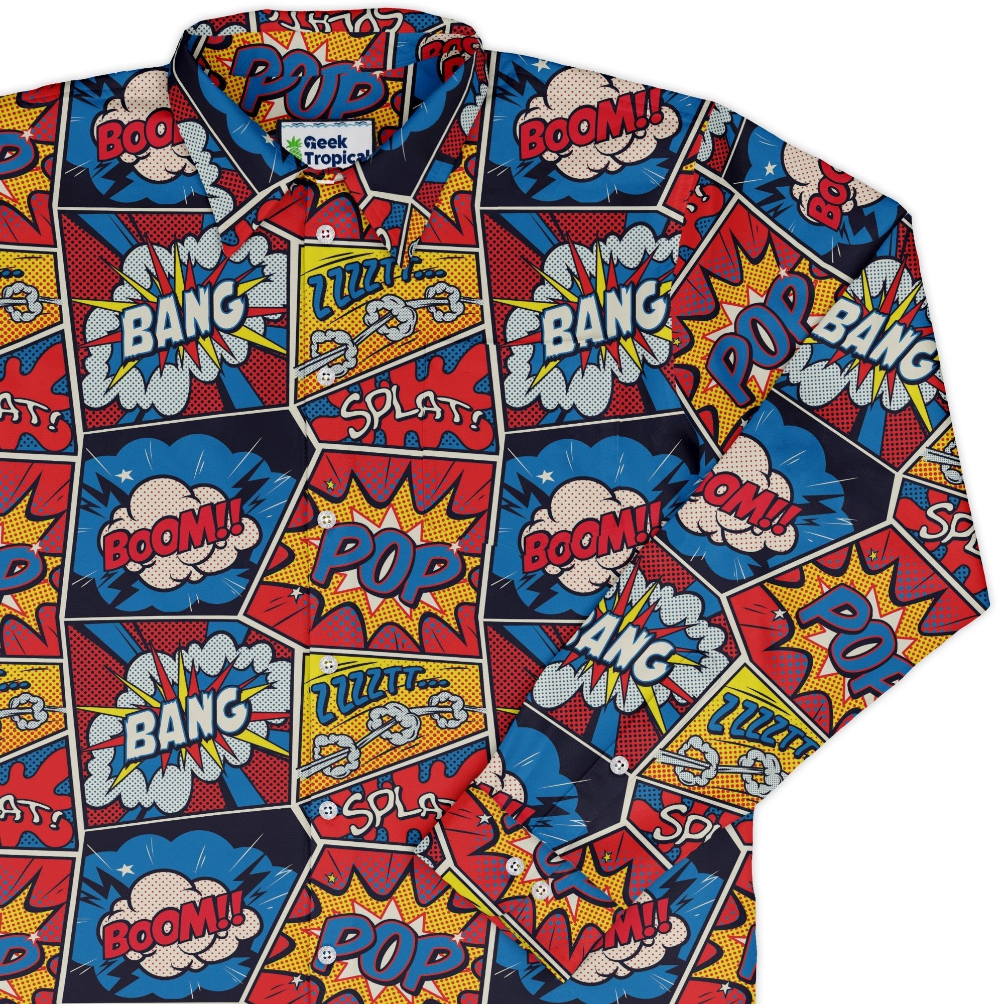 Pop Art Comic Book Red Long Sleeve Button Up Shirt Geek Nerd adult sizing FLOW DESC WRITING
