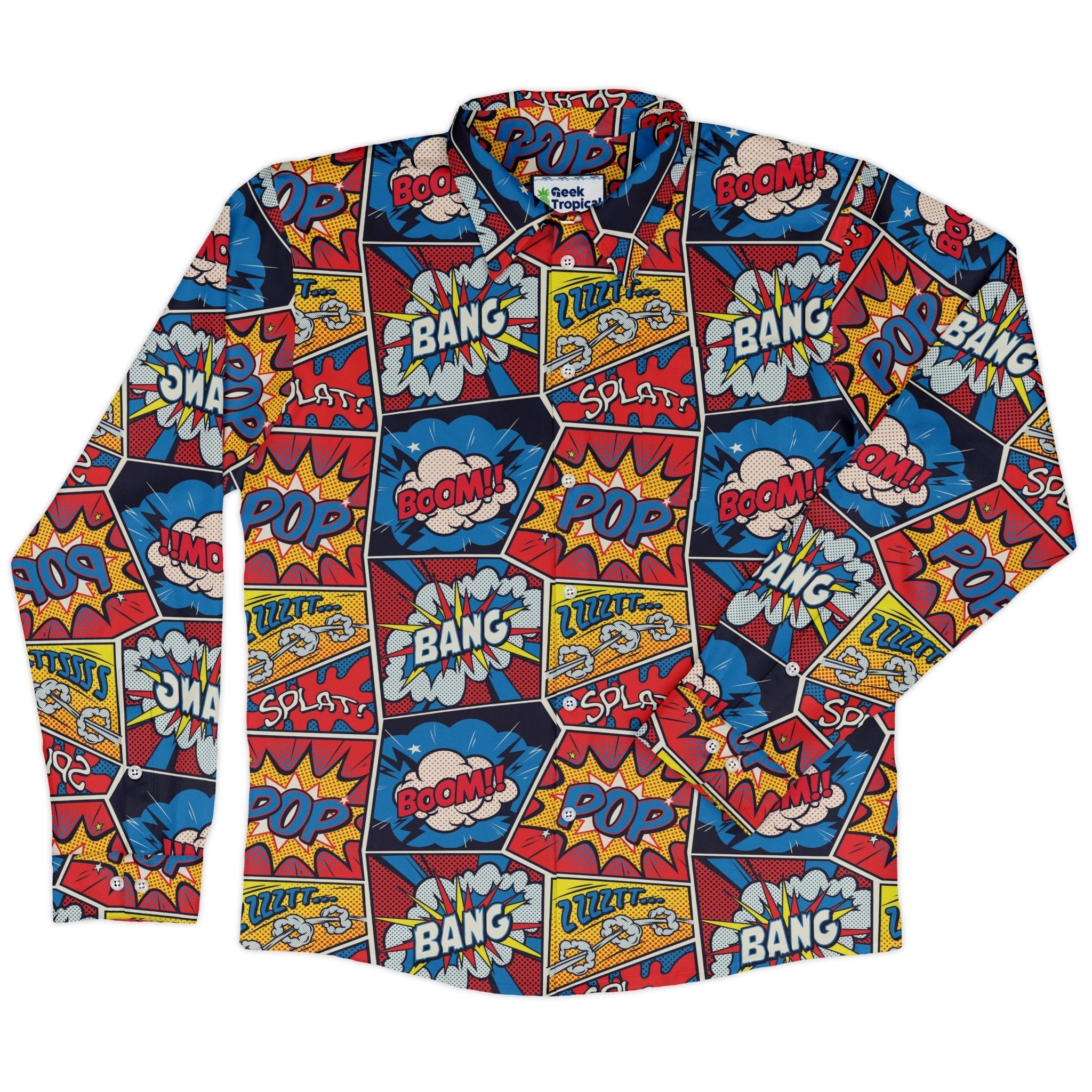 Pop Art Comic Book Red Long Sleeve Button Up Shirt Geek Nerd adult sizing FLOW DESC WRITING