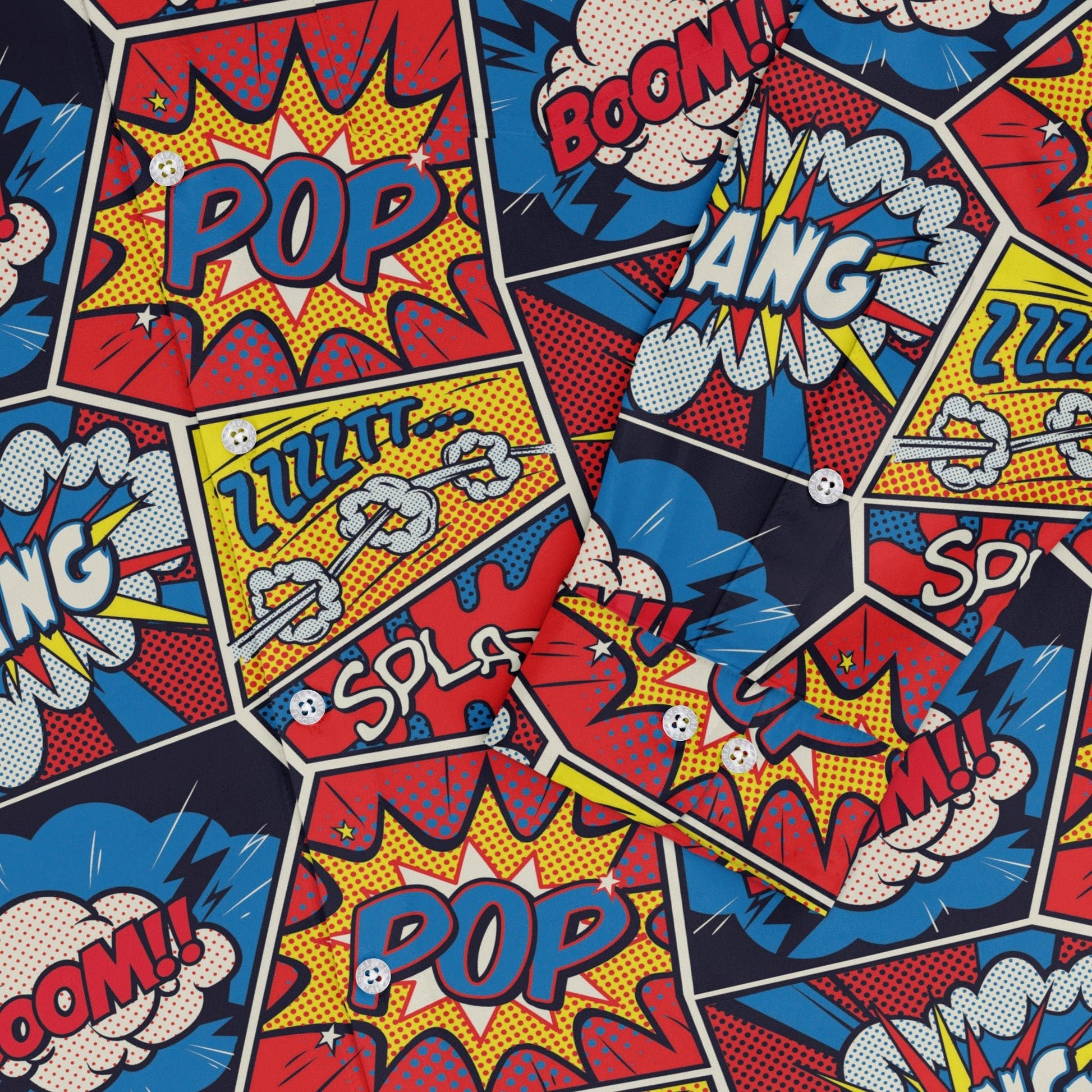 Pop Art Comic Book Red Long Sleeve Button Up Shirt Geek Nerd adult sizing FLOW DESC WRITING
