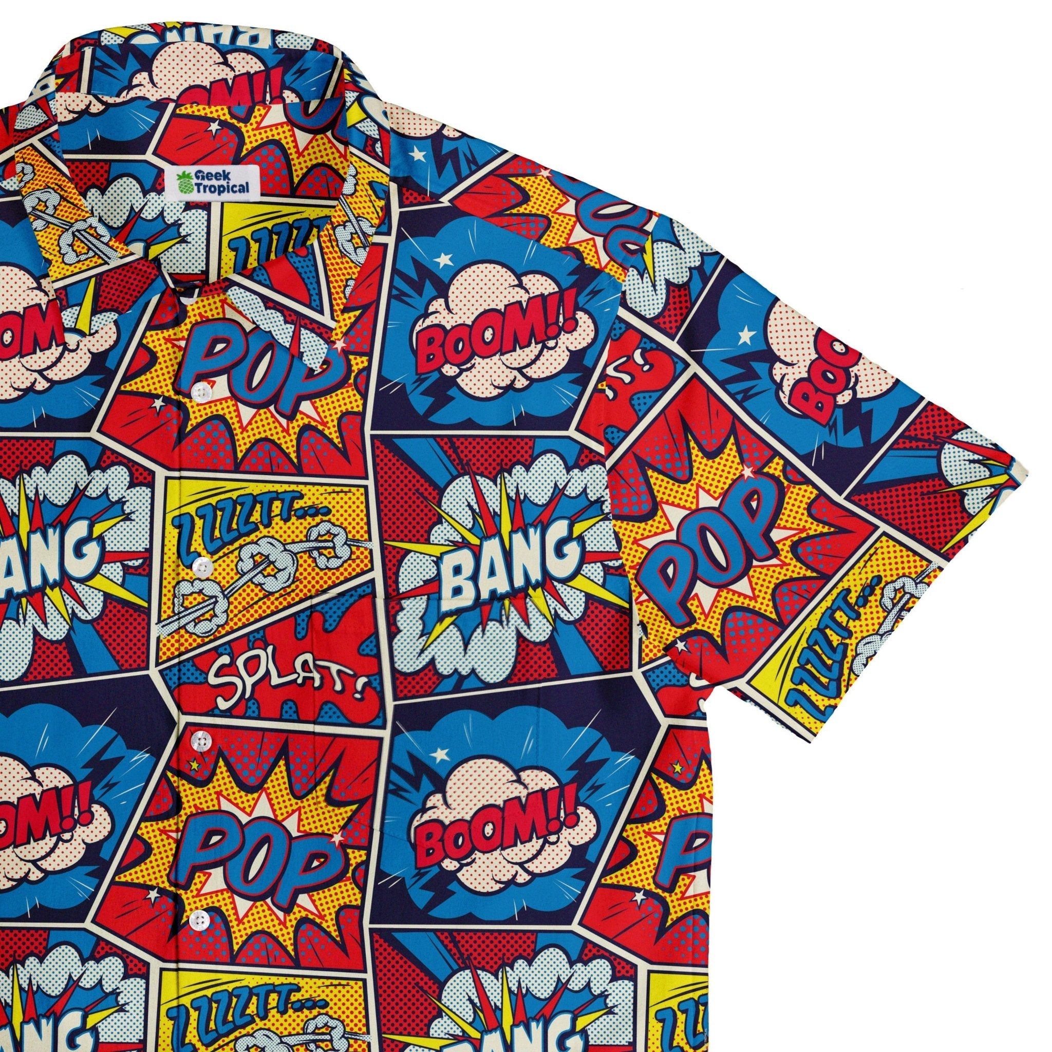 Clearance Ready - to - Ship Pop Art Comic Book Red Button Up Shirt Geek Nerd adult sizing Clearance Ready - to - Ship