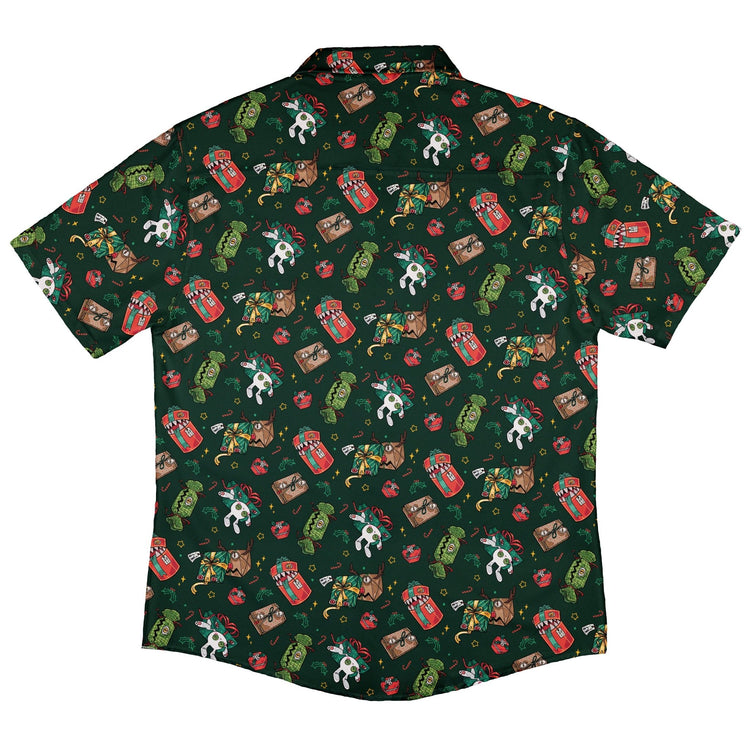 Present Mimics Green Button Up Shirt Geek Nerd adult sizing Christmas Print Design by Ardi Tong