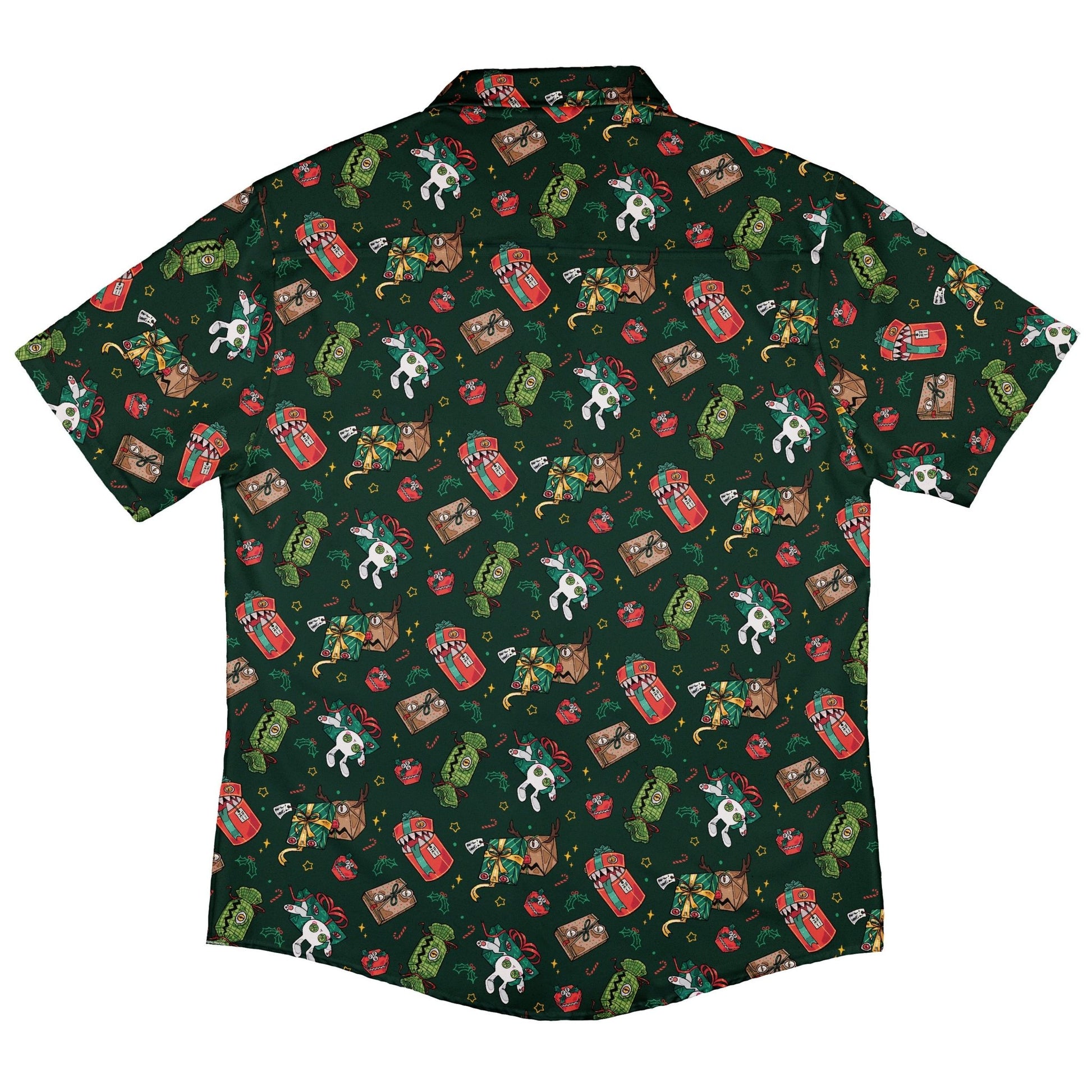 Present Mimics Green Button Up Shirt Geek Nerd adult sizing Christmas Print Design by Ardi Tong