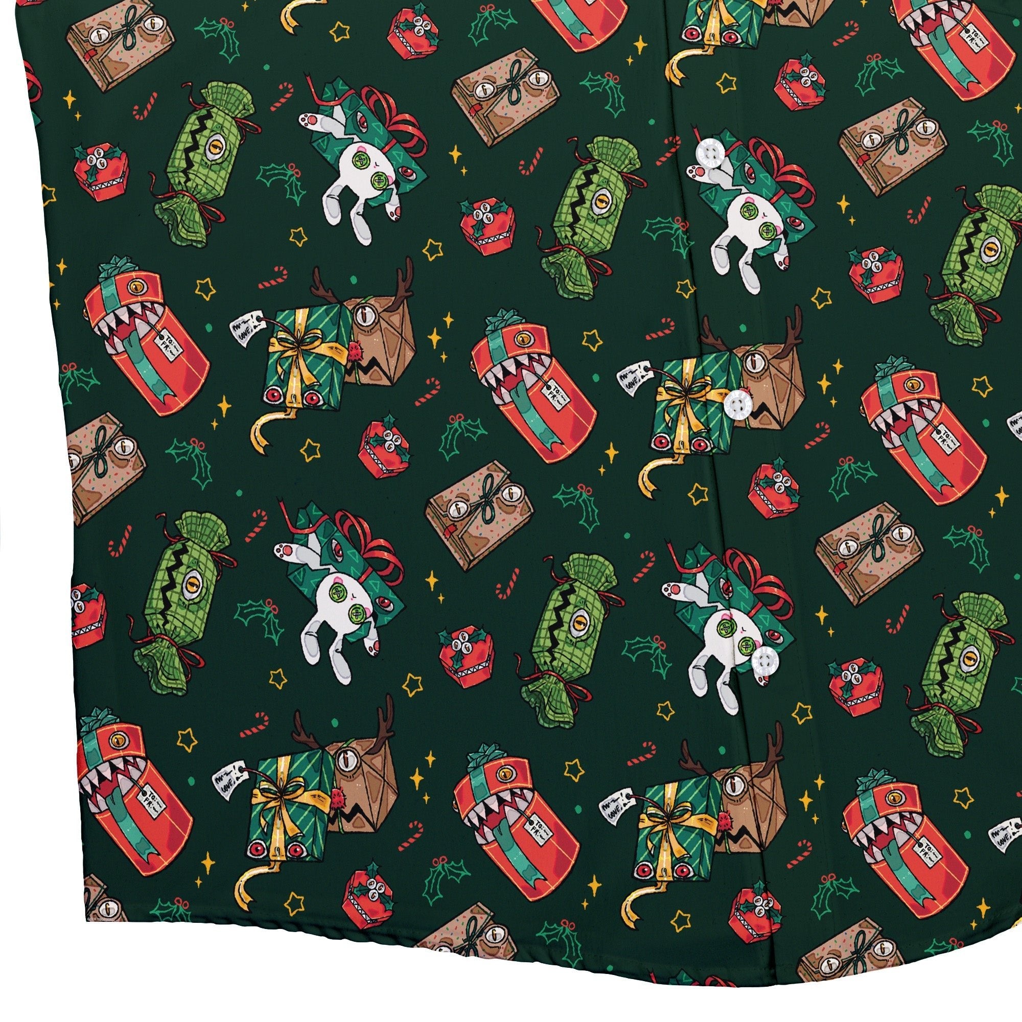 Present Mimics Green Button Up Shirt Geek Nerd adult sizing Christmas Print Design by Ardi Tong