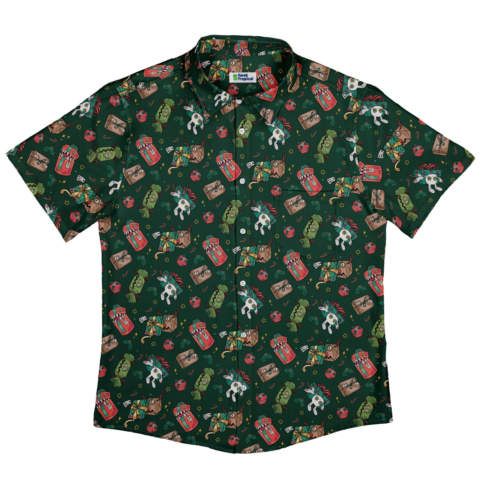 Present Mimics Green Button Up Shirt Geek Nerd adult sizing Christmas Print Design by Ardi Tong