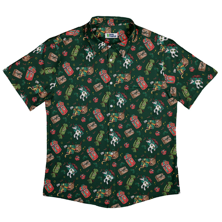 Present Mimics Green Button Up Shirt Geek Nerd adult sizing Christmas Print Design by Ardi Tong