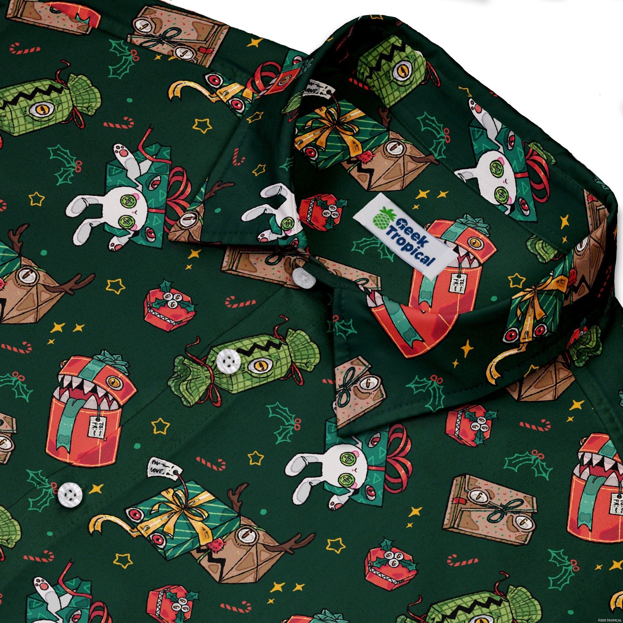 Present Mimics Green Button Up Shirt Geek Nerd adult sizing Christmas Print Design by Ardi Tong