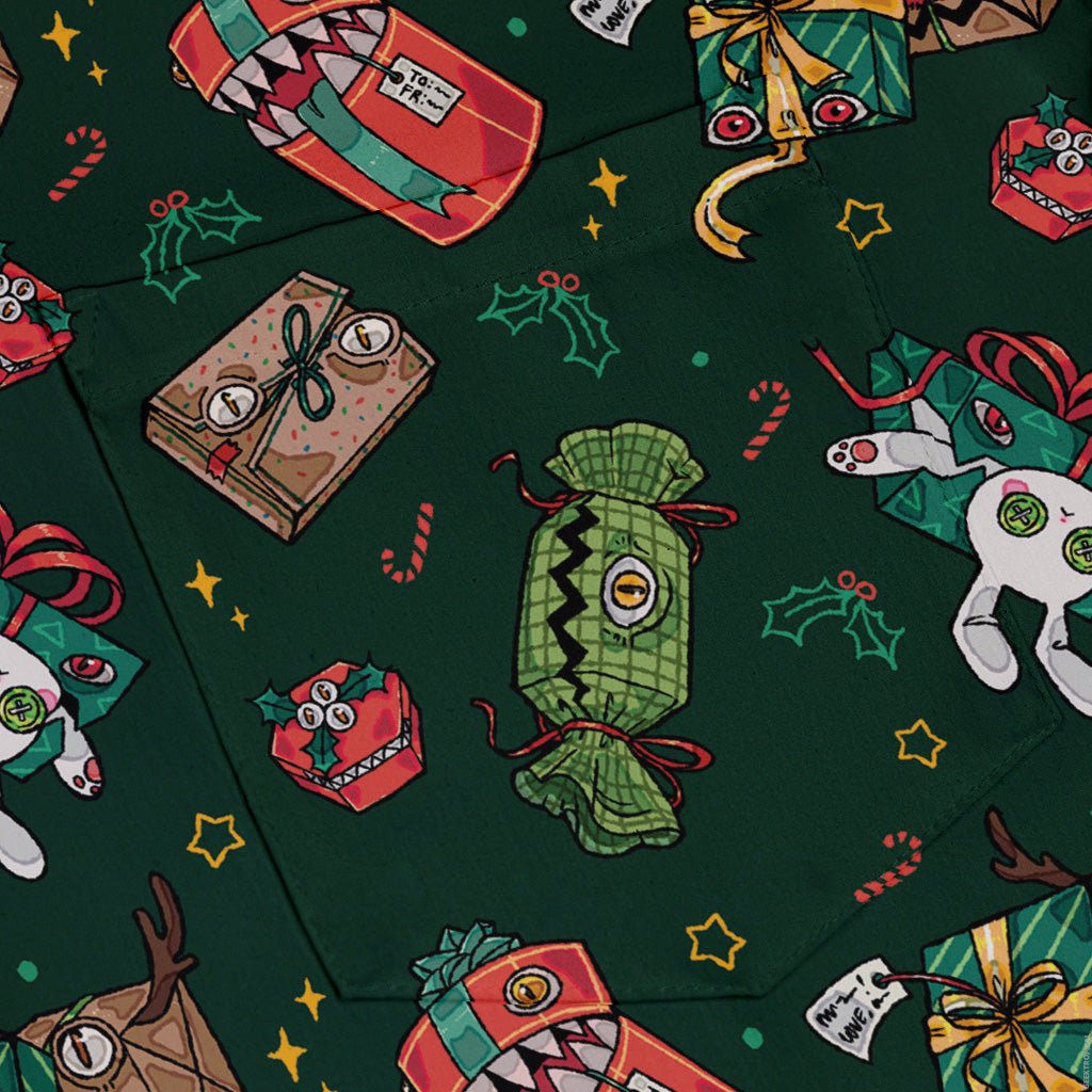 Present Mimics Green Button Up Shirt Geek Nerd adult sizing Christmas Print Design by Ardi Tong