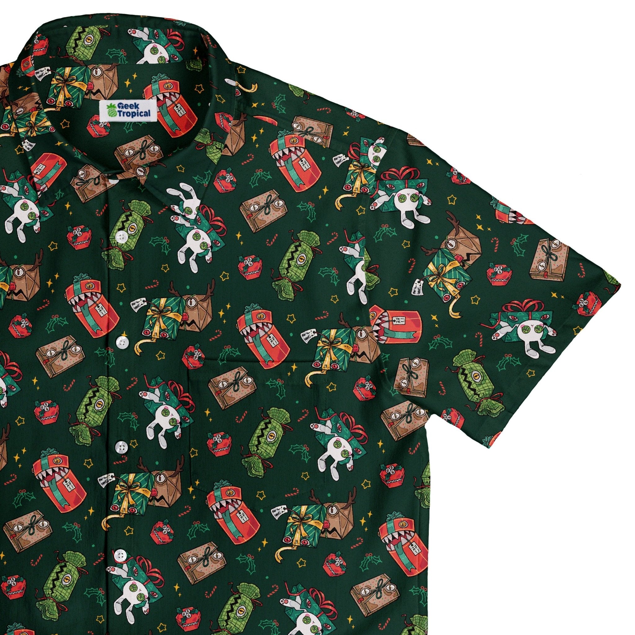 Present Mimics Green Button Up Shirt Geek Nerd adult sizing Christmas Print Design by Ardi Tong