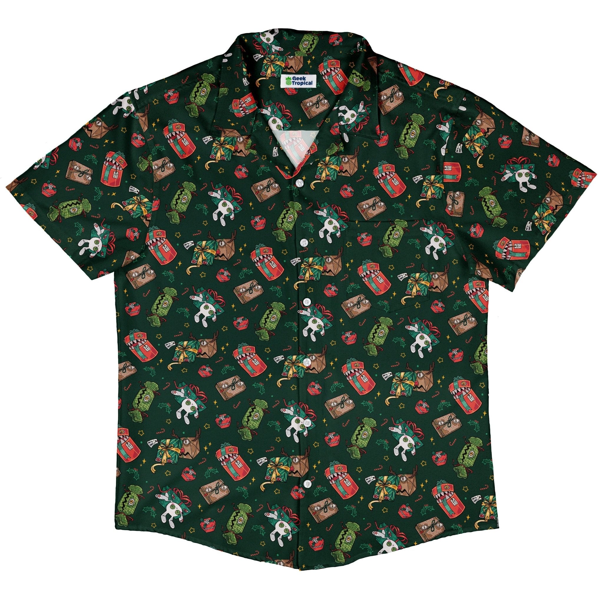 Present Mimics Green Button Up Shirt Geek Nerd adult sizing Christmas Print Design by Ardi Tong