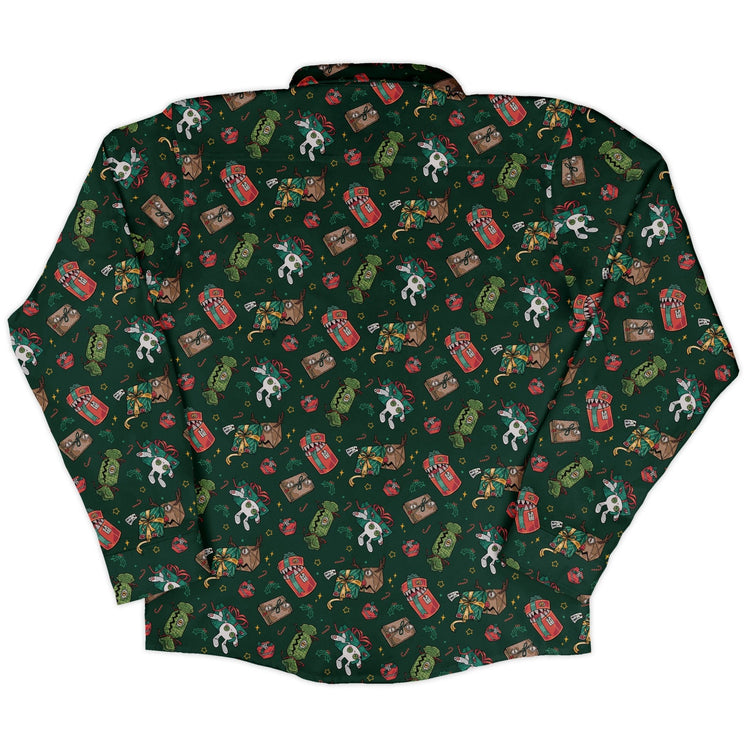 Present Mimics Green Long Sleeve Button Up Shirt Geek Nerd adult sizing Christmas Print Design by Ardi Tong