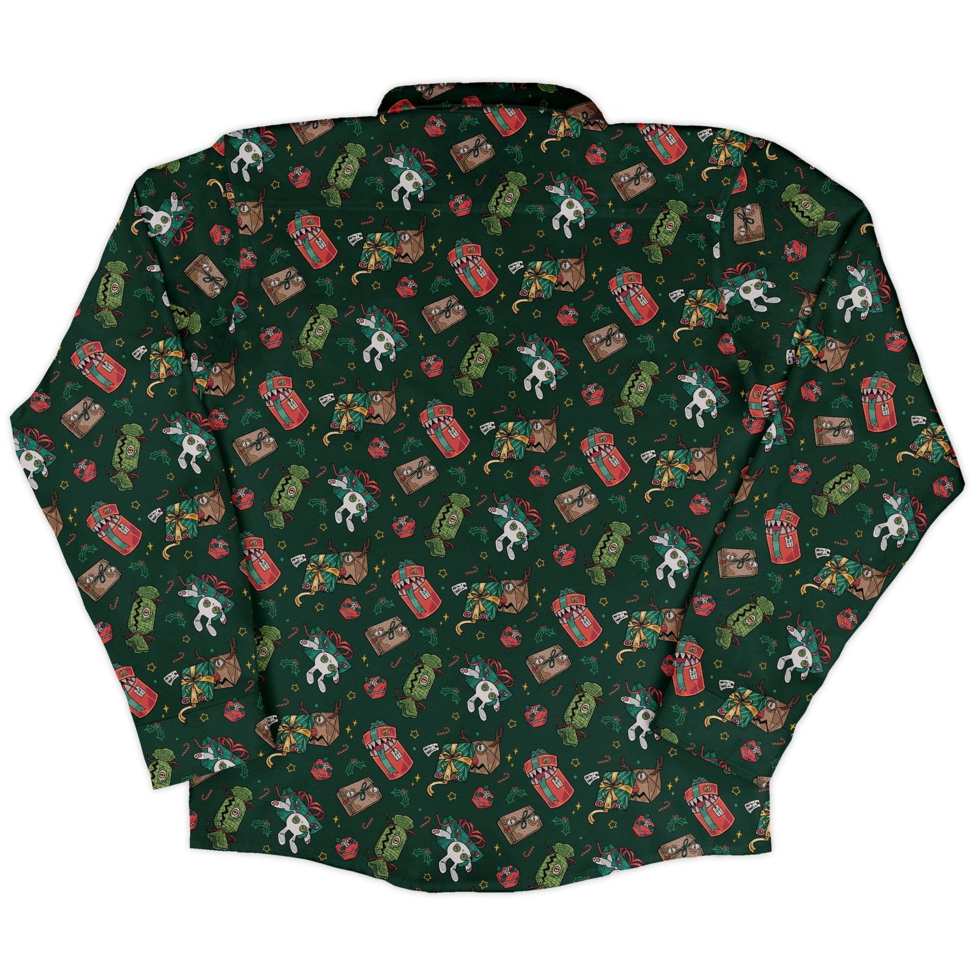 Present Mimics Green Long Sleeve Button Up Shirt Geek Nerd adult sizing Christmas Print Design by Ardi Tong