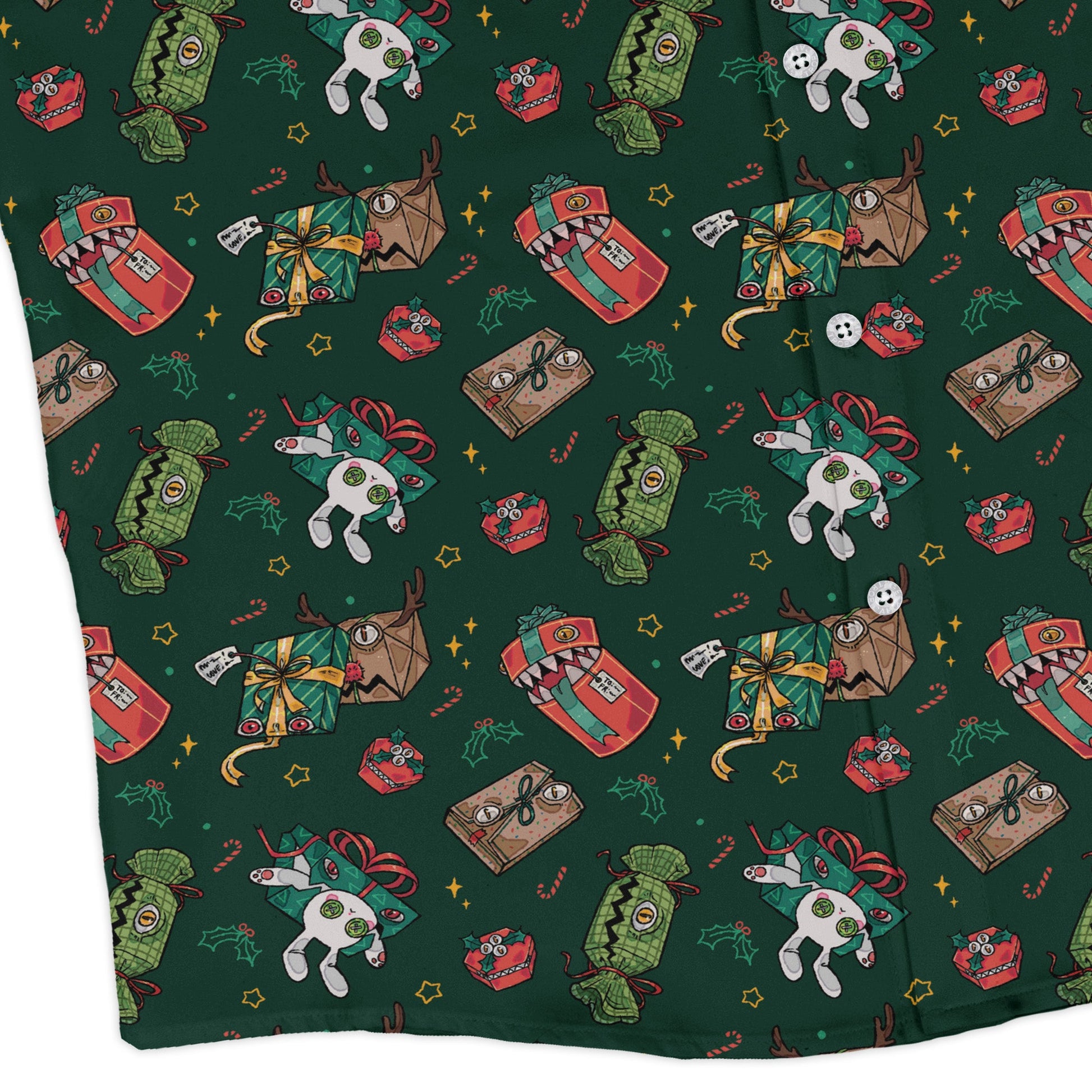 Present Mimics Green Long Sleeve Button Up Shirt Geek Nerd adult sizing Christmas Print Design by Ardi Tong