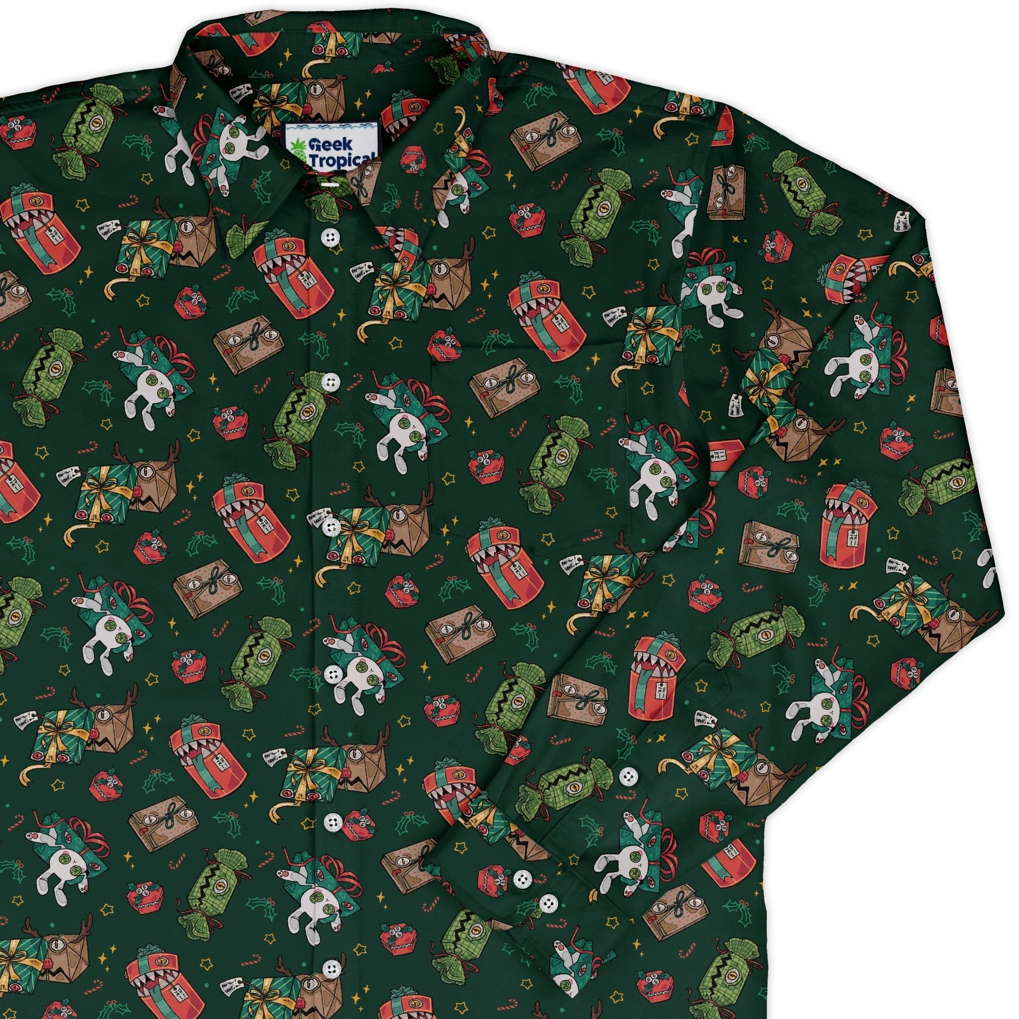 Present Mimics Green Long Sleeve Button Up Shirt Geek Nerd adult sizing Christmas Print Design by Ardi Tong