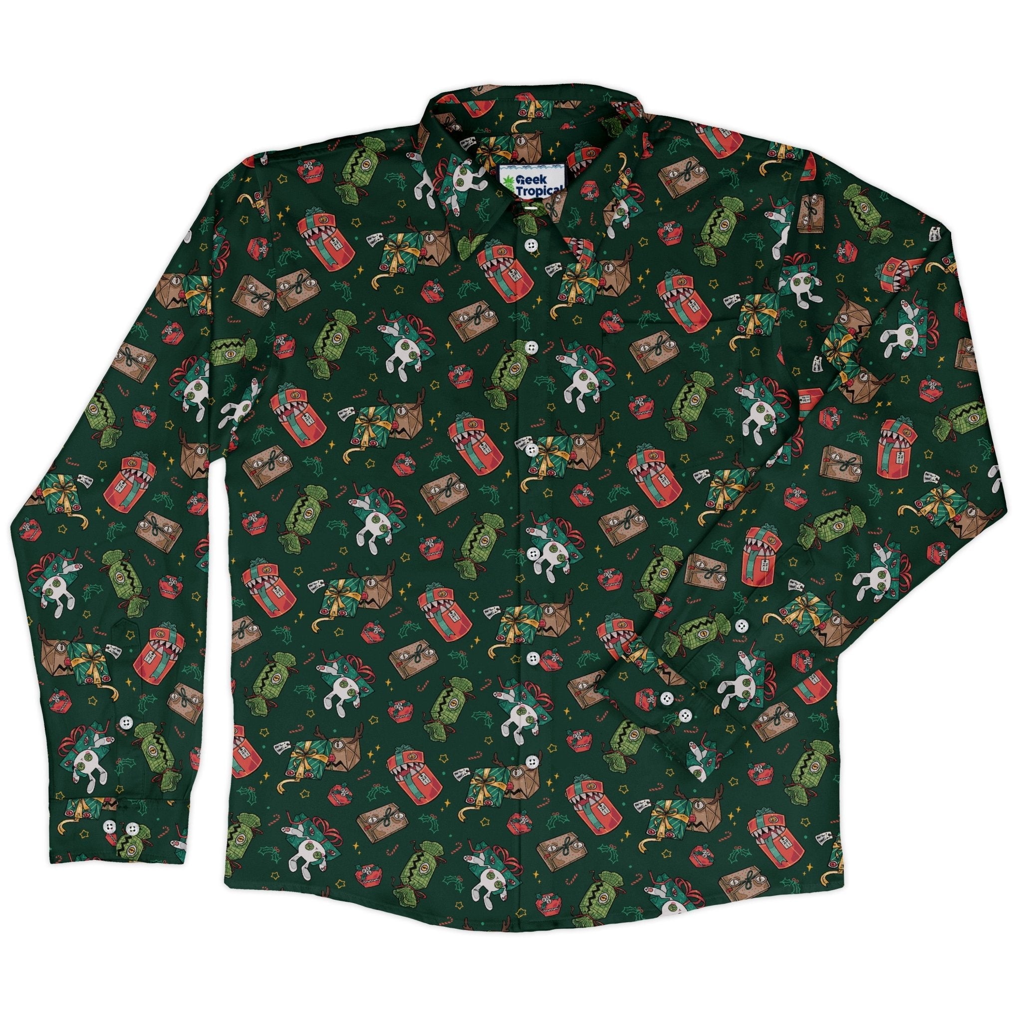 Present Mimics Green Long Sleeve Button Up Shirt Geek Nerd adult sizing Christmas Print Design by Ardi Tong